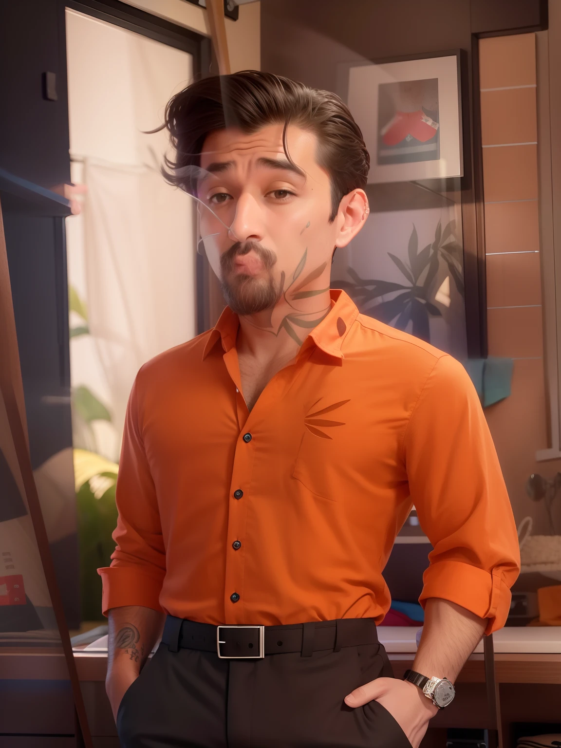 Arafed homem parado em uma porta com uma camisa pendurada em um cabide, com camisa havaiana, summer shirt, Camisa havaiana, Waring uma camisa havaiana, camisa suja de manga curta, vestindo uma camiseta de maconha, vestindo camisa, vestindo uma camisa, ele tem cerca de 40 anos, ele tem cerca de 4 0 anos de idade, roupas totalmente ligadas