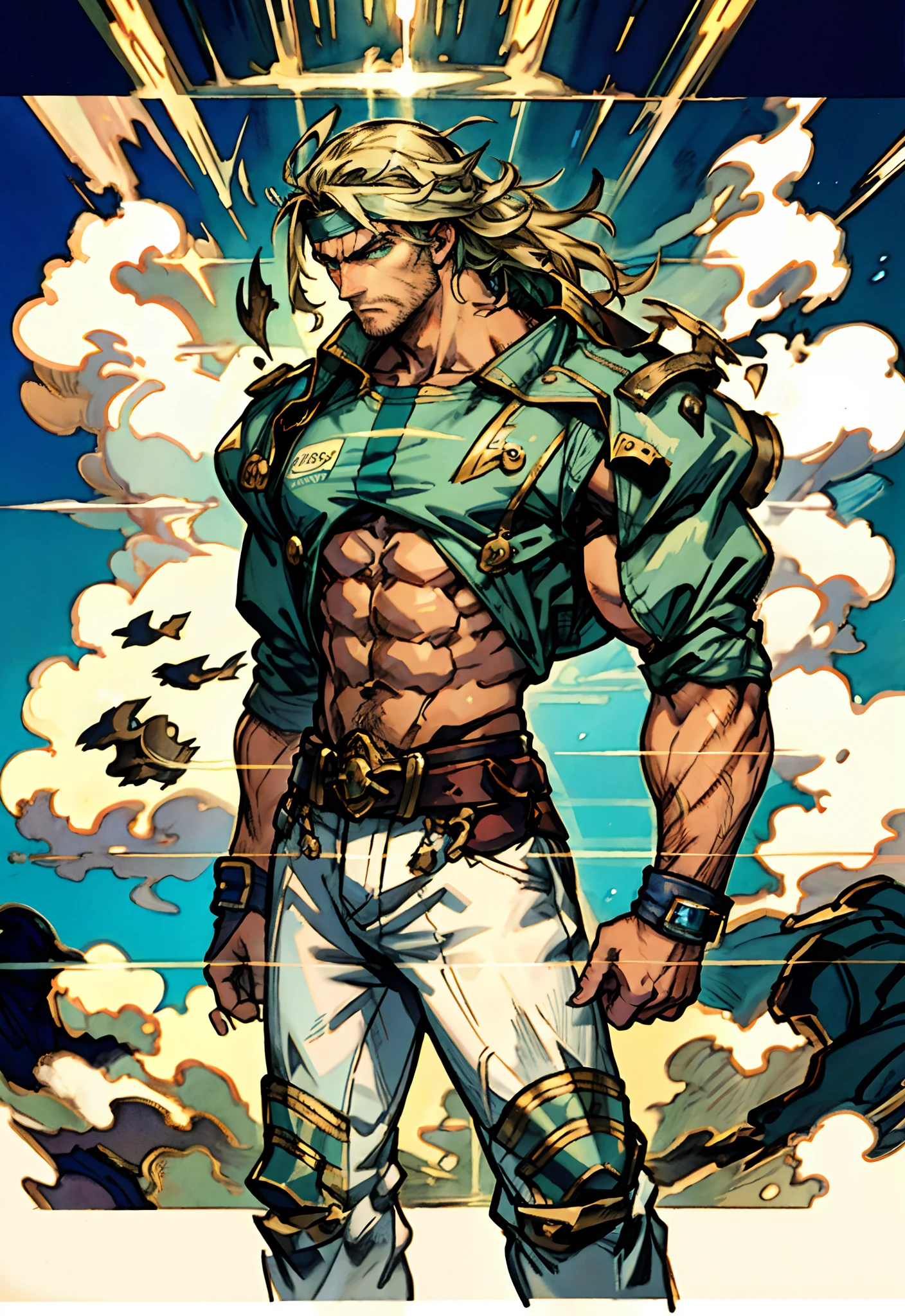 A middle-aged man, dark green long hair, wildly disheveled and exaggerated hairstyle, a headband, no eyebrows, a stern gaze, a well-defined facial structure, a tall and muscular physique, a fantasy-realistic style outfit, only a half-length windbreaker coat, sleeveless, revealing sturdy abdominal muscles, wearing wrist guards, matching trousers with the outfit, standing like a deity, dark clouds gathering in the sky, flashes of lightning and thunder, wild winds swirling around, this character embodies a finely crafted fantasy-style wild overlord in anime style, characterized by an exquisite and mature manga illustration art style, high definition, best quality, highres, ultra-detailed, ultra-fine painting, extremely delicate, professional, anatomically correct, symmetrical face, extremely detailed eyes and face, high quality eyes, creativity, RAW photo, UHD, 8k, Natural light, cinematic lighting, masterpiece--perfect, masterpiece:1.5