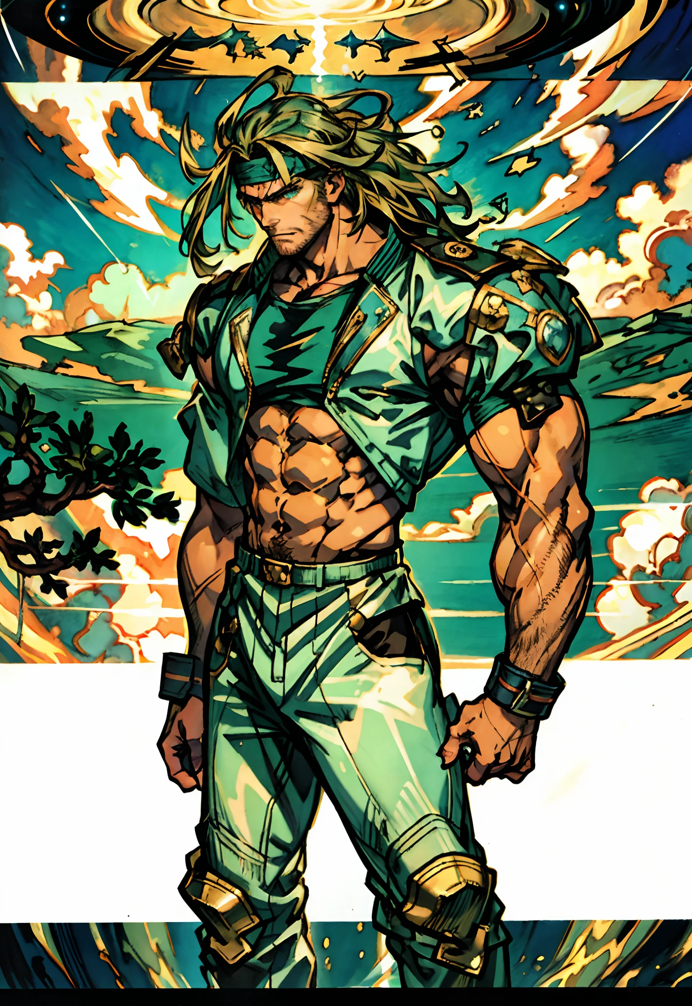 A middle-aged man, dark green long hair, wildly disheveled and exaggerated hairstyle, a headband, no eyebrows, a stern gaze, a well-defined facial structure, a tall and muscular physique, a fantasy-realistic style outfit, only a half-length windbreaker coat, sleeveless, revealing sturdy abdominal muscles, wearing wrist guards, matching trousers with the outfit, standing like a deity, dark clouds gathering in the sky, flashes of lightning and thunder, wild winds swirling around, this character embodies a finely crafted fantasy-style wild overlord in anime style, characterized by an exquisite and mature manga illustration art style, high definition, best quality, highres, ultra-detailed, ultra-fine painting, extremely delicate, professional, anatomically correct, symmetrical face, extremely detailed eyes and face, high quality eyes, creativity, RAW photo, UHD, 8k, Natural light, cinematic lighting, masterpiece--perfect, masterpiece:1.5