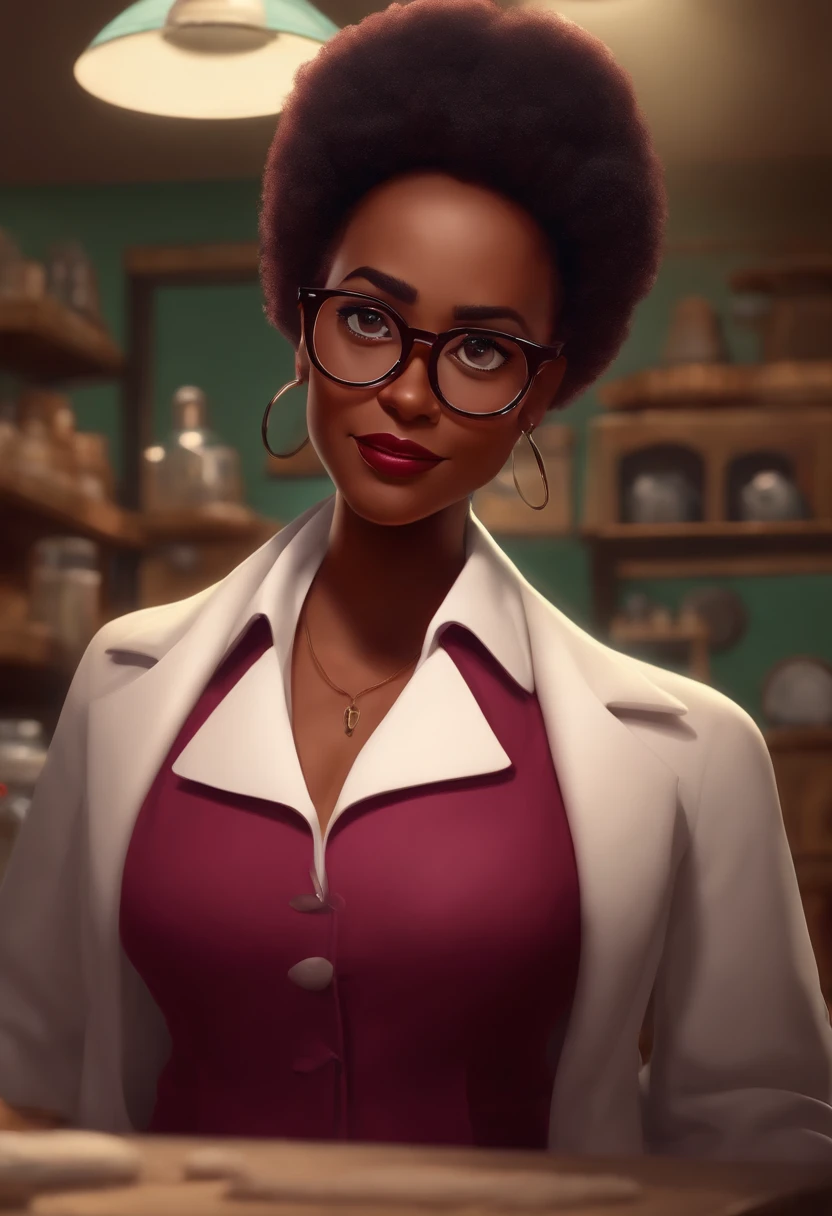 Create a pixar-style character inside a burgundy lab coat. personagem negra, gordinha, seios grandes, bochechas grandes, wears prescription glasses, cabelos afro com muitos cachos de altura um pouco acima dos ombros