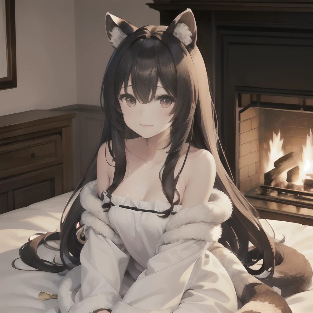 Top image quality、high-level image quality、a picture、gravure、raccoon ears、Bushy tail、brown colored long hair、fluffly、In front of the fireplace、Warmth、Warmth、Brown eyes、Beautuful Women、a bed、futon bedding、The tail is standing、
