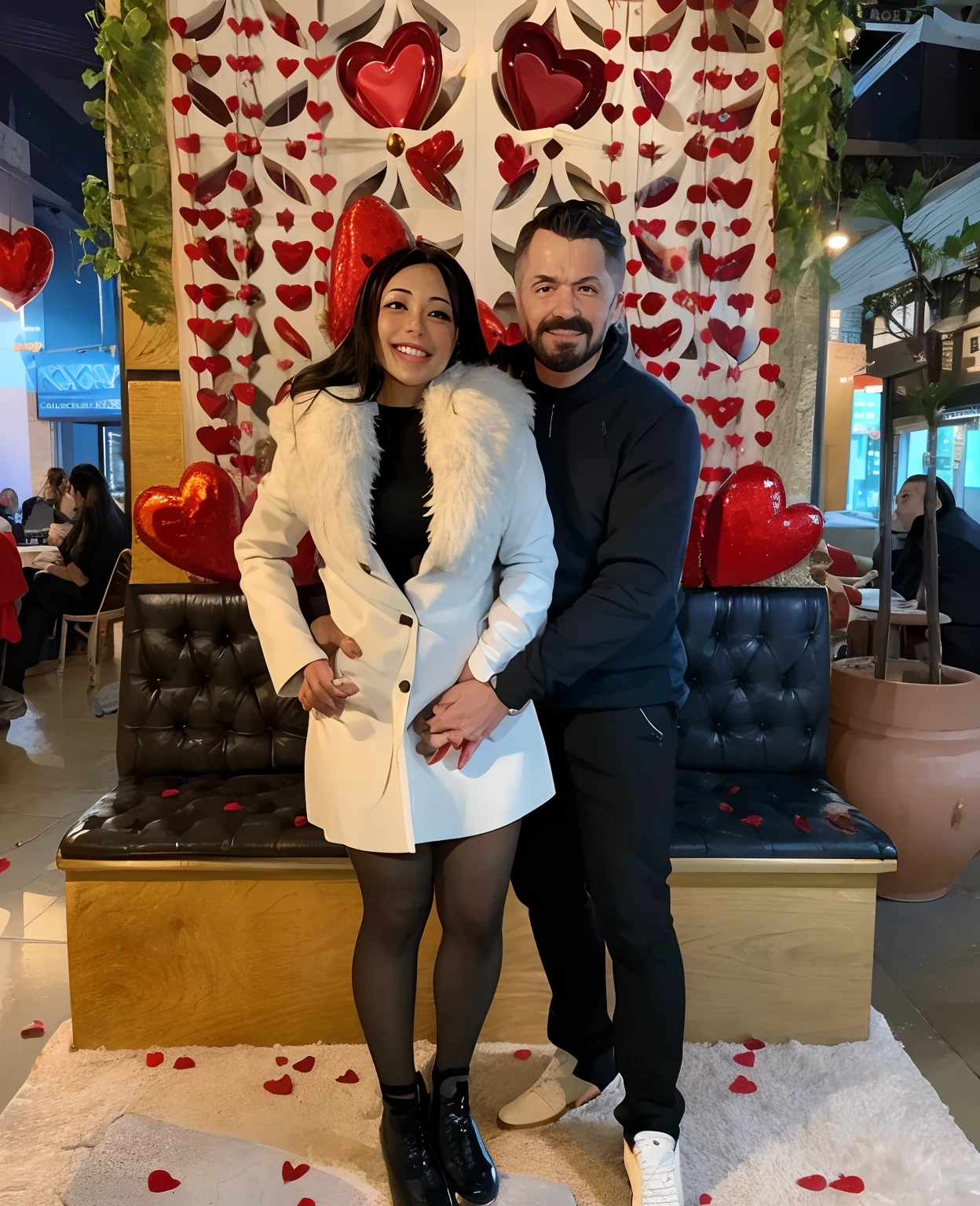 They are posing for a photo in front of a Valentine's Day display case, tomada em 2 0 2 0, Directed by: Daniel Schultz, olhando parcialmente para a esquerda, por Else Alfelt, Lovely couple, tiradas em 2022, Directed by: Robbie Trevino, facebook post, they are in love, Casal feliz, imagem de perfil, belos arredores, Directed by: David Ruby