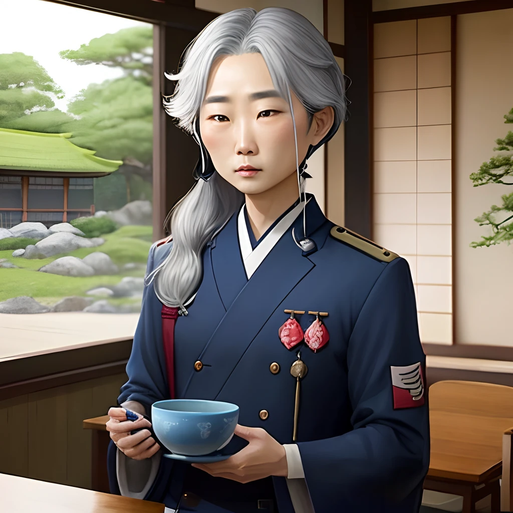 Japanese with gray hair and blue uniform