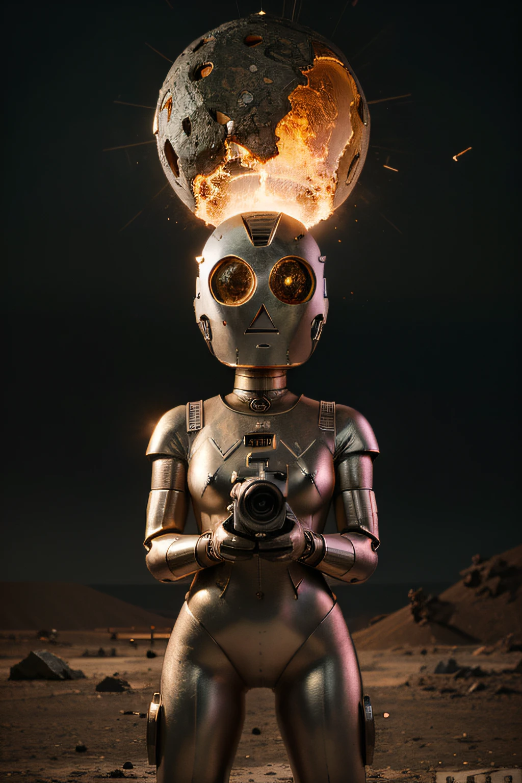 A toon Crazy whit a Big ONE a Only Eye Robot CCCP Soviet, and helmet Style, tongs in hands, Tv head, pinhead, camouflage Gold Silver Pink Rusty, Ambient in a meteorite crater super detailed, center, beautiful, soft lighting, focused on the character, 4K resolution, photorealistic rendering,