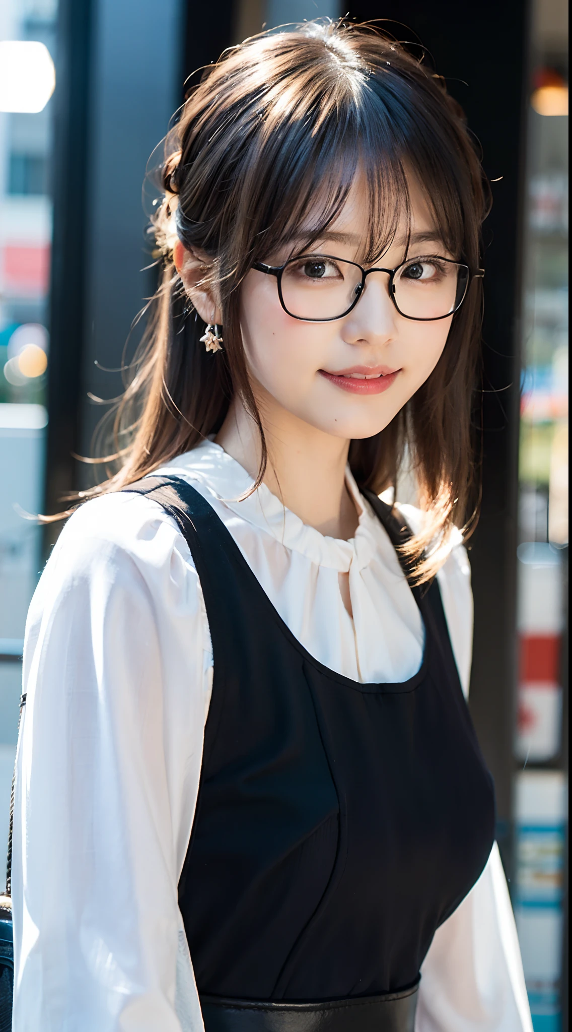 (8K、Raw photography、top-quality、masterpiece:1.2)、(realisitic、Photorealsitic:1.37)、ultra-detailliert、超A high resolution、女の子1人、see the beholder、beautifull detailed face、A smile、Constriction、(Slim waist) :1.3)、((White blouse clothes))、Beautiful detailed skin、Skin Texture、Floating hair、((Hair bunched into one))、large full breasts、Professional Lighting、In front of the station at noon、((Black square glasses))、Whole human body、Brown hair、phone、
