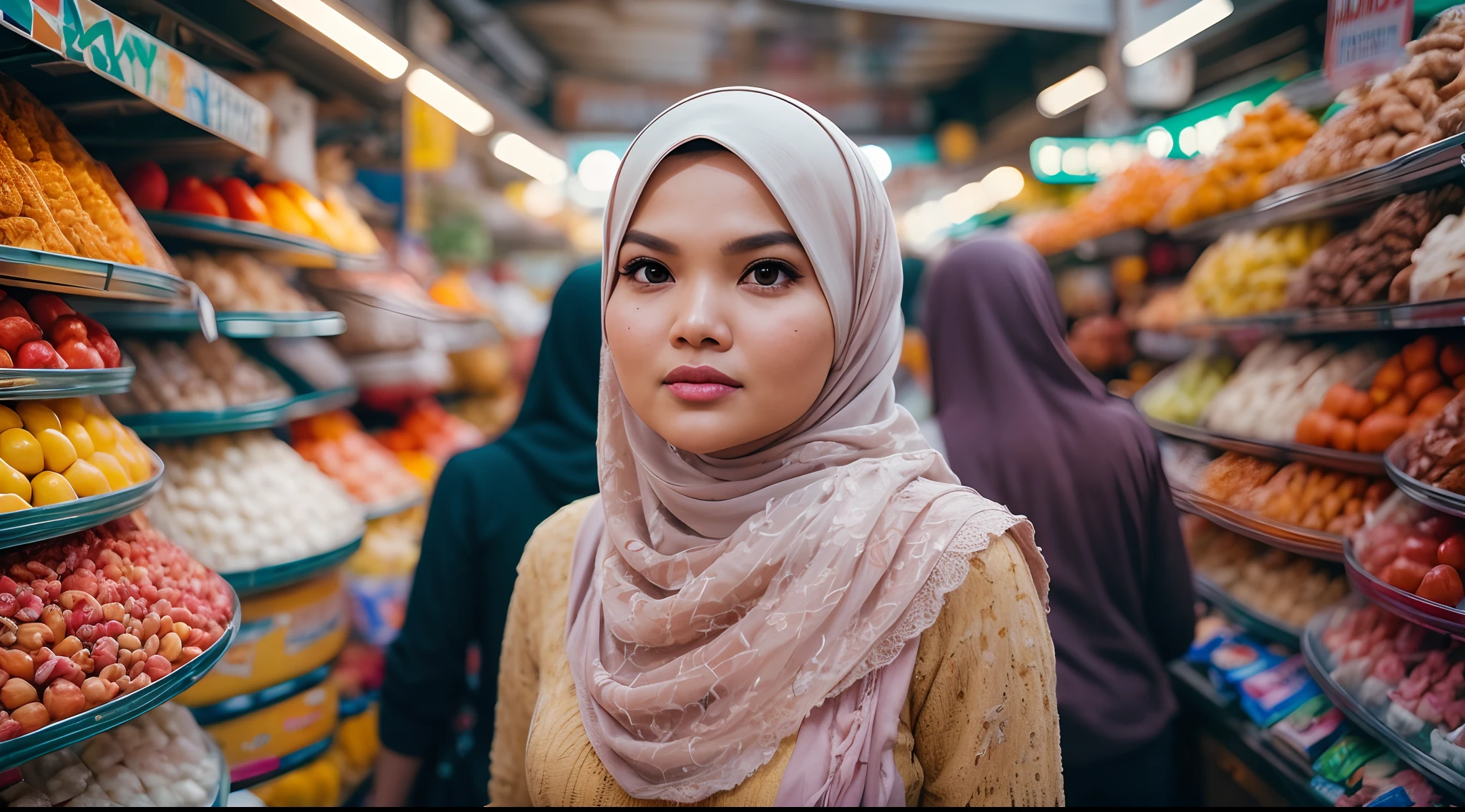 Generate a film still of a Malay girl (siti nurhaliza) in hijab wandering through a vibrant and bustling market. Utilize a wide-angle lens to emphasize the colorful chaos of the scene, with selective focus on the girl, desaturated color grading, cinemascope, high quality, photo taken using Panavision DXL2 camera,