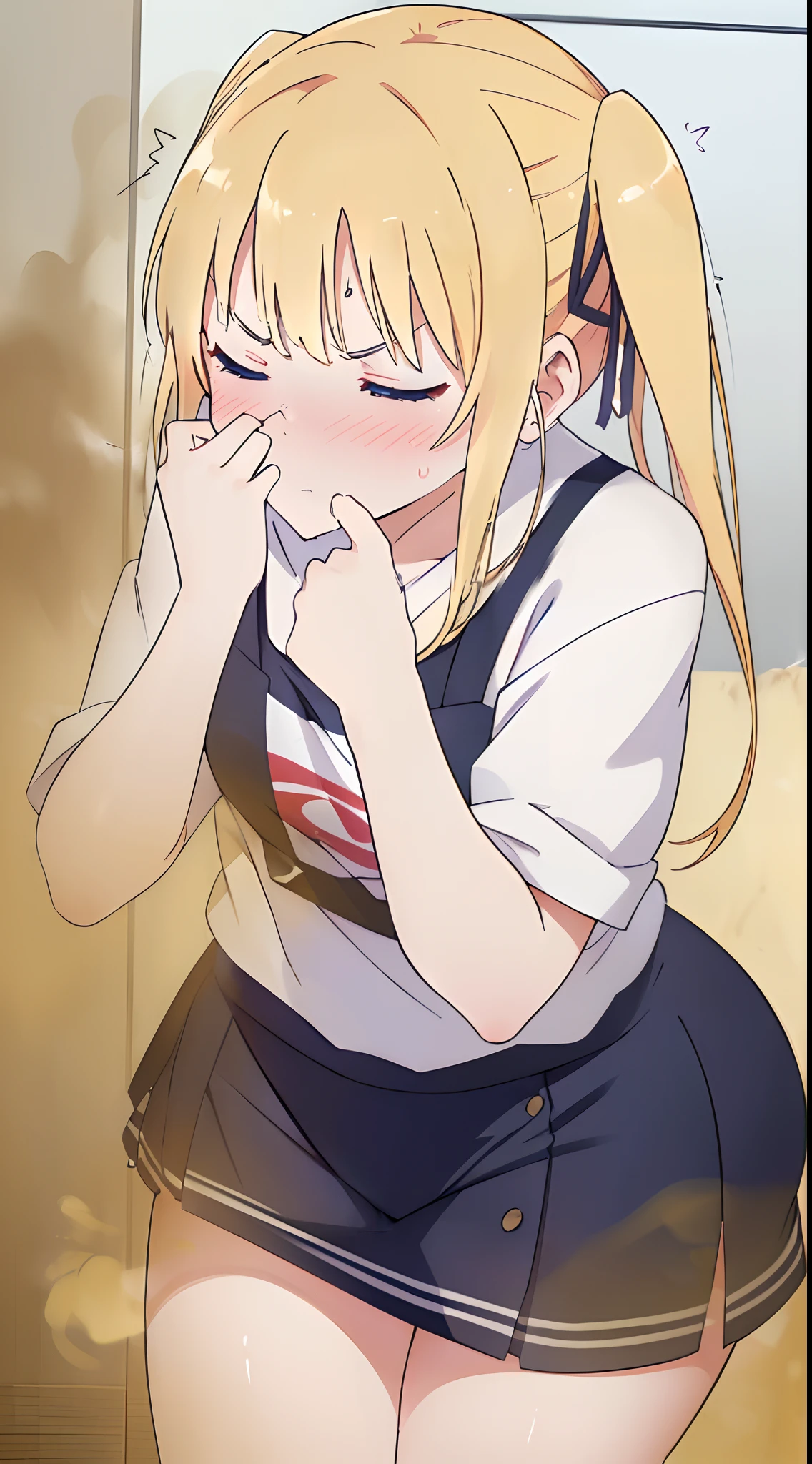((masutepiece, hight resolution,depth of fields, 4K,nffsw,))),Sawamura Spencer Eri々,a blond,Twin-tailed,Beautiful blue eyes, Girl farting from ass,You are smelling bad smells,Yellow smoke,Leaning forward,astonished face,cold sweat,((suprised)),((I'm surprised)),((((Girl pinching her nose with one hand so as not to smell the stinky smell)))),You are smelling bad smells,Girl fart,Girl reacts by smelling a foul smell,frowning,((Close one eye)),((Anguished look)),Emphasis on the buttocks