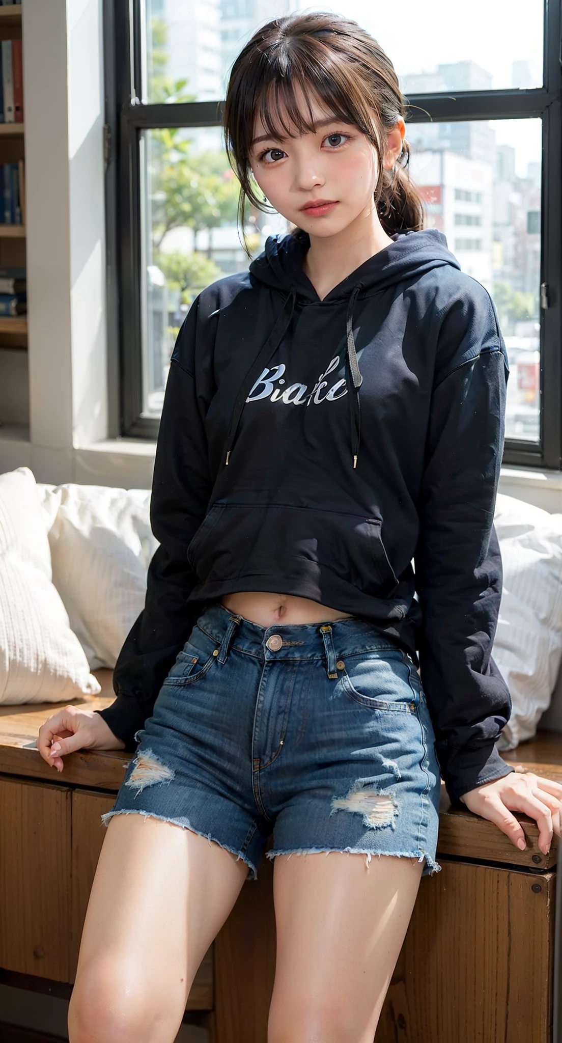(((Look away,poneyTail、Mouth ajar))),(((((Black Hoodie、Denim hot pants))))),((at the library、Reading a book))、masutepiece, 1girl in, best qualtiy, Ultra Detail, (shiny), (Small)、(((with blush cheeks,))),Ray tracing,Perfect Lighting, (milky skin:1.2),reflection, up looking_で_viewer, blush, yellow_Eyes, Japan's cutest 28-year-old beautiful girl、Small ribbons in the hair、Contrast Legs