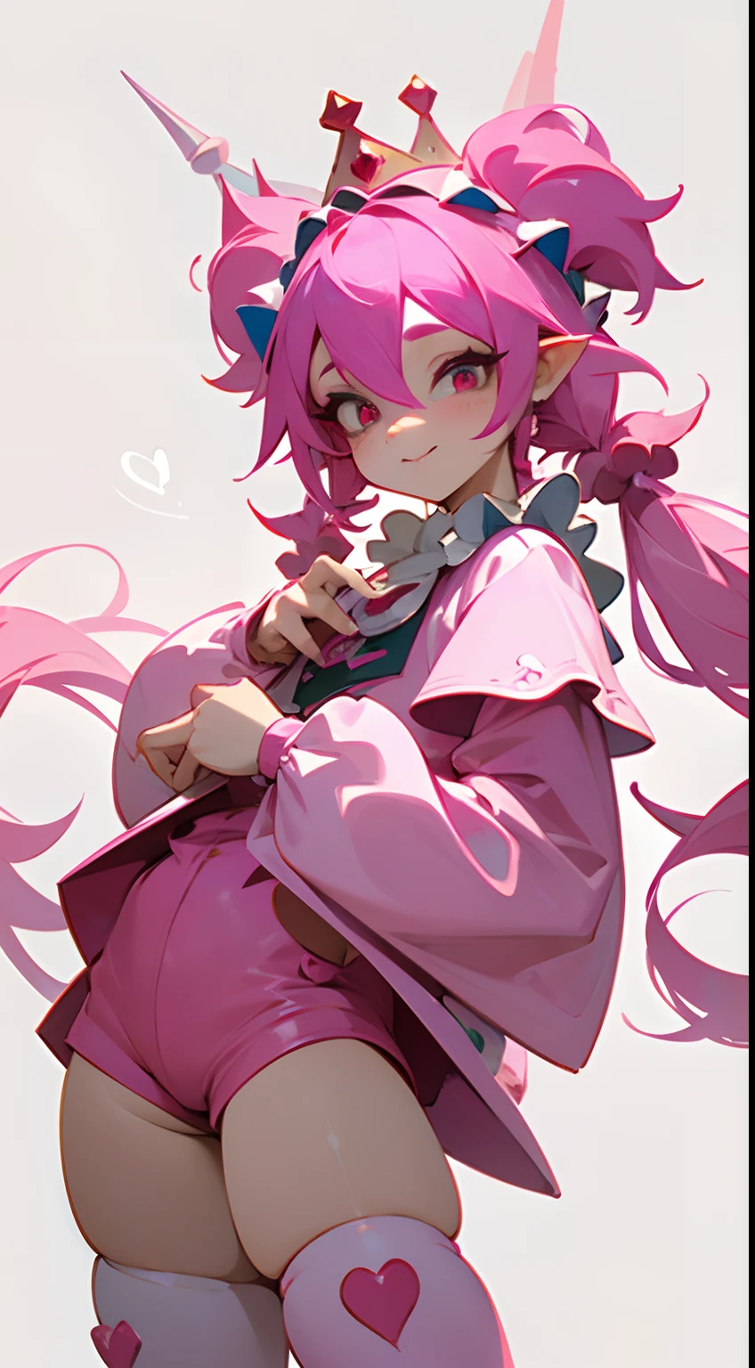 1GIRL, insane girl in long pink hair, crown, princess bubblegum style, finely detailed, (best quality), (intricate details), cute style, li, jester style, multicolored, ((long pink messiest hair in pigtails)), best quality, ((long sleeve shirt and shorts)), ((red and white clothes)), ((jester style clothes)), ((thigh high socks)), ((round eyes)), ((has jester makeup)), beautiful face, happy, cute face, pinup, perfect face, simple background portrait, clowh hear cards, bubble gums