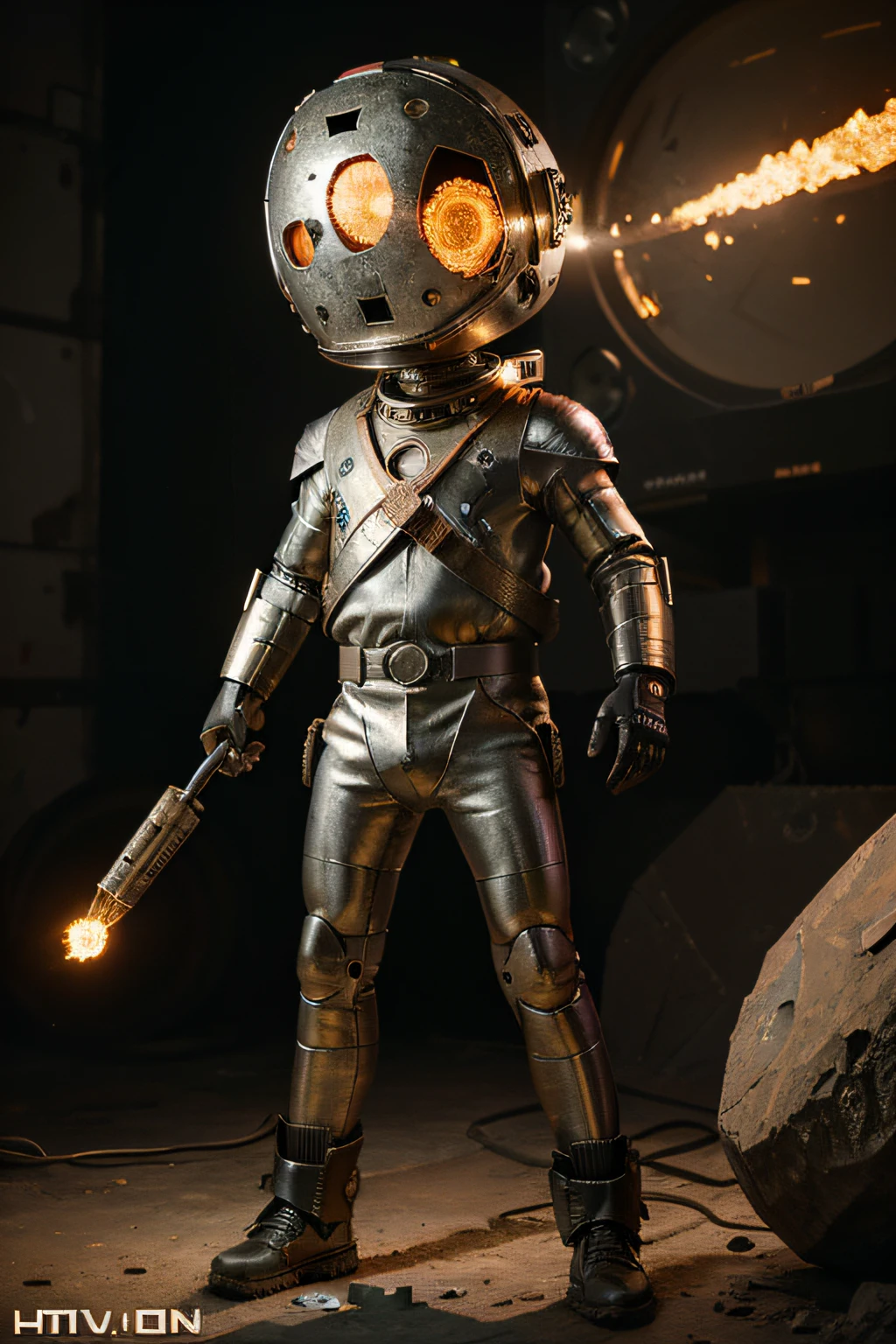 A toon Crazy whit a Big ONE a Only Eye Robot CCCP Soviet, and helmet Style, tongs in hands, Tv head, pinhead, camouflage Gold Silver Pink Rusty, Ambient in a meteorite crater super detailed, center, beautiful, soft lighting, focused on the character, 4K resolution, photorealistic rendering,