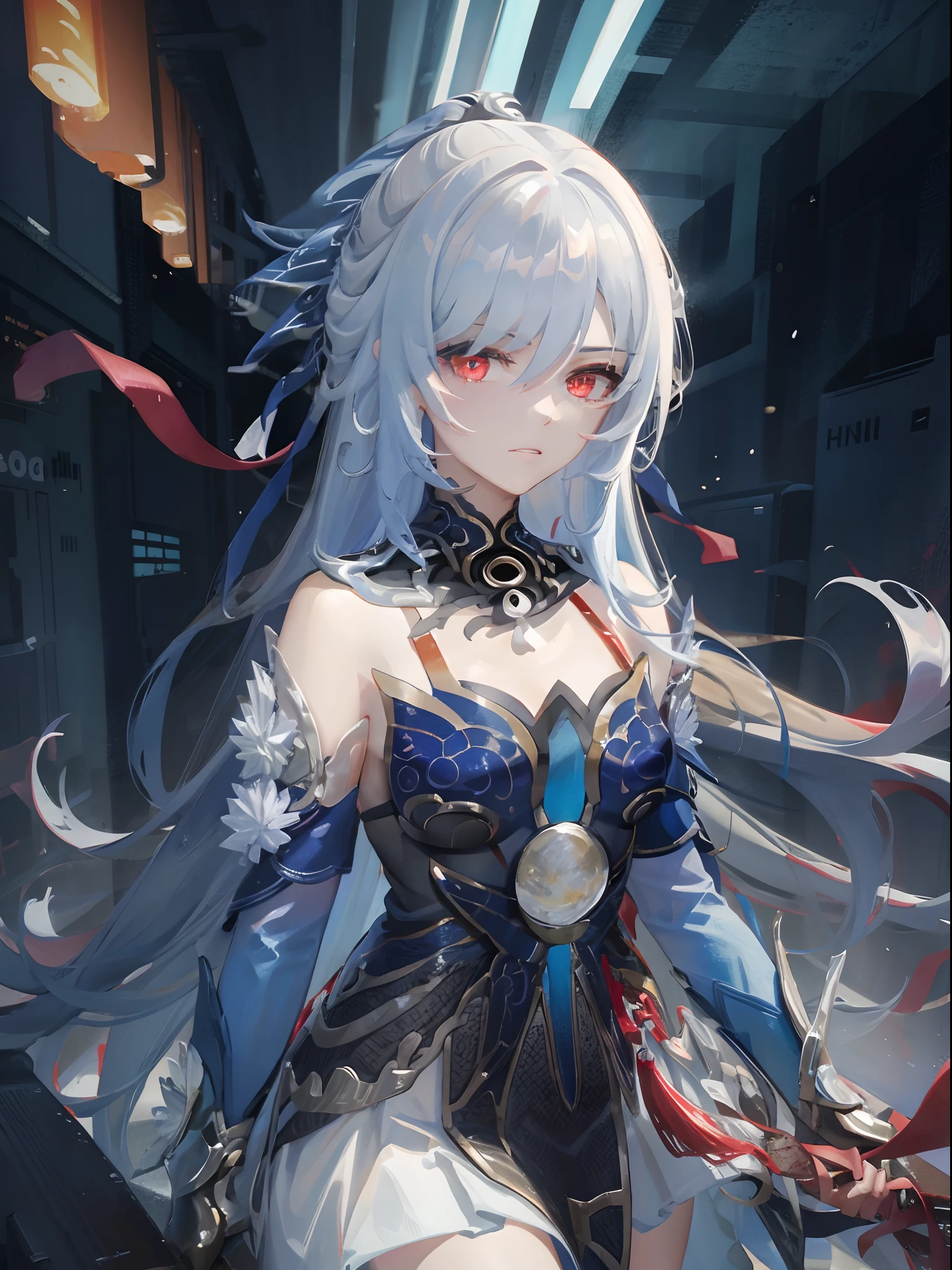 best quality, masterpiece, 1girl, red eyes, tied up light blue hair