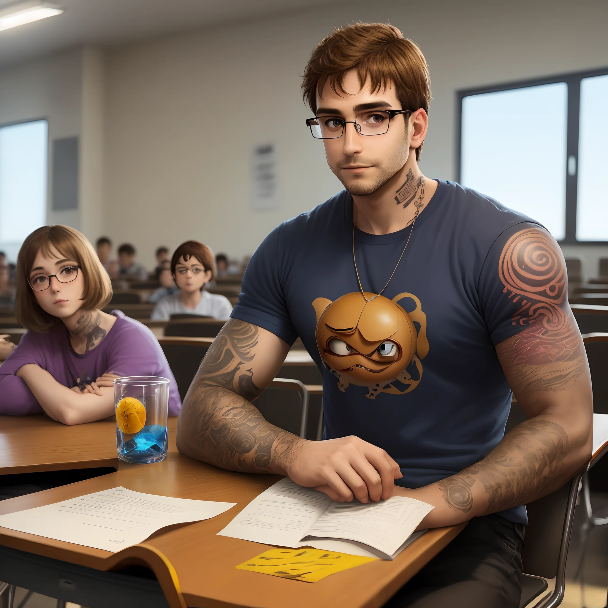 Homem; 34 anos; cabelo liso marrom; right arm tattoo; estilo pixar; em uma sala de aula, square glasses