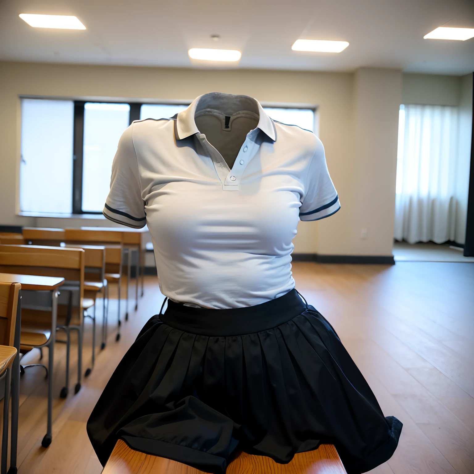 chubby, fat, polo shirt, school uniform, classroom, high school, ((Seductive pose)), (invisible:1.5, no humans:1.5, headless:1.5, faceless:1.5), ((cute huge breasts)), (8k, RAW photo, best quality, masterpiece:1.2), (realistic, photo-realistic:1.37), photon mapping, radiosity, ((Hasselblad photography)), physically-based rendering