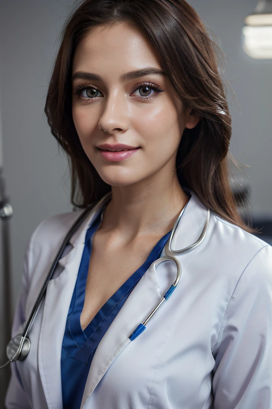 beautiful detailed eyes,beautiful detailed lips,extremely detailed eyes and face,longeyelashes,3D rendering,vivid colors,professional,ultra-detailed,realistic,portrait,medical equipment,white coat,friendly smile,stethoscope,hospital backdrop,studio lighting,soft lighting,bokeh, realistic , half body view