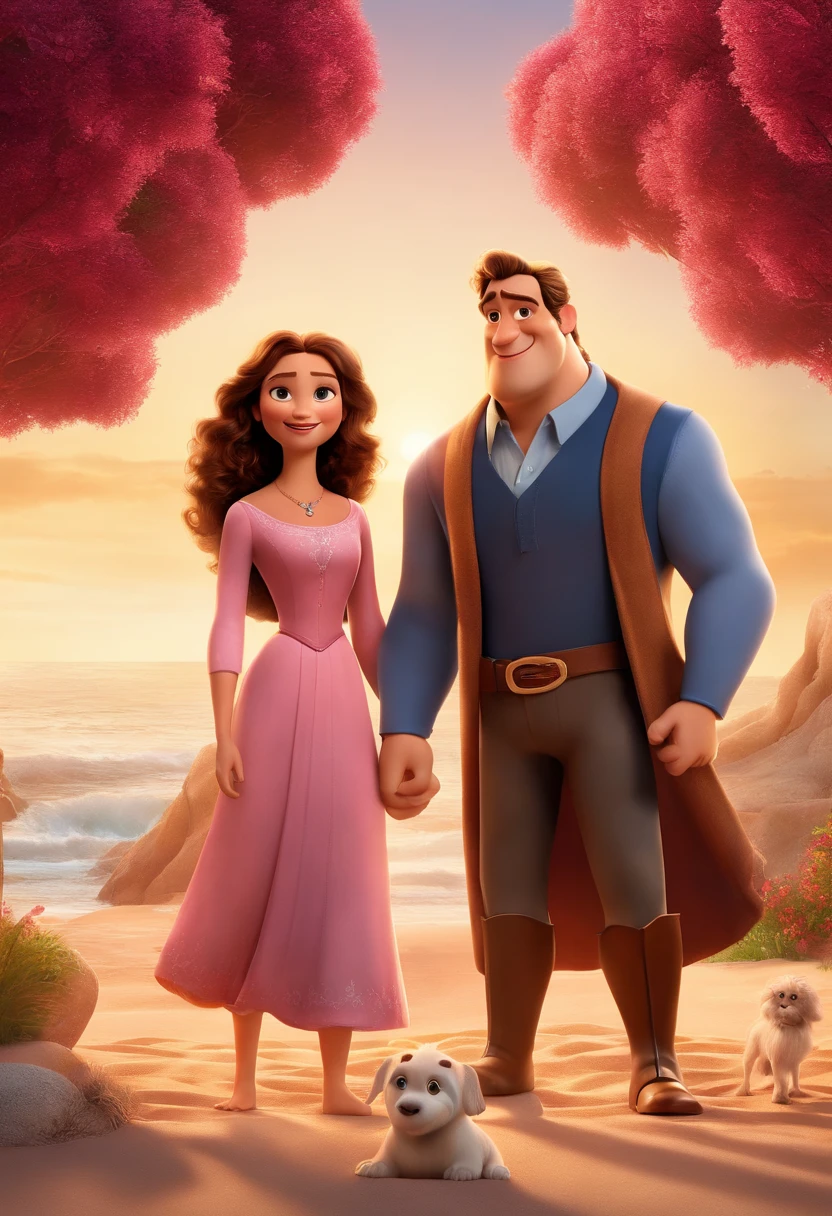 a Disney Pixar movie poster showing a white-skinned family. The father is the tallest, gordinho, Tem cavanhaque curto, castanho claro, cabelos curtos e espinhosos. The mother has brown eyes and hair, shoulder-length and is slightly overweight. A tem 12 anoelos castanhos, roupa rosa e rabos de cavalo. The background is a beach garden. 3D-rendering