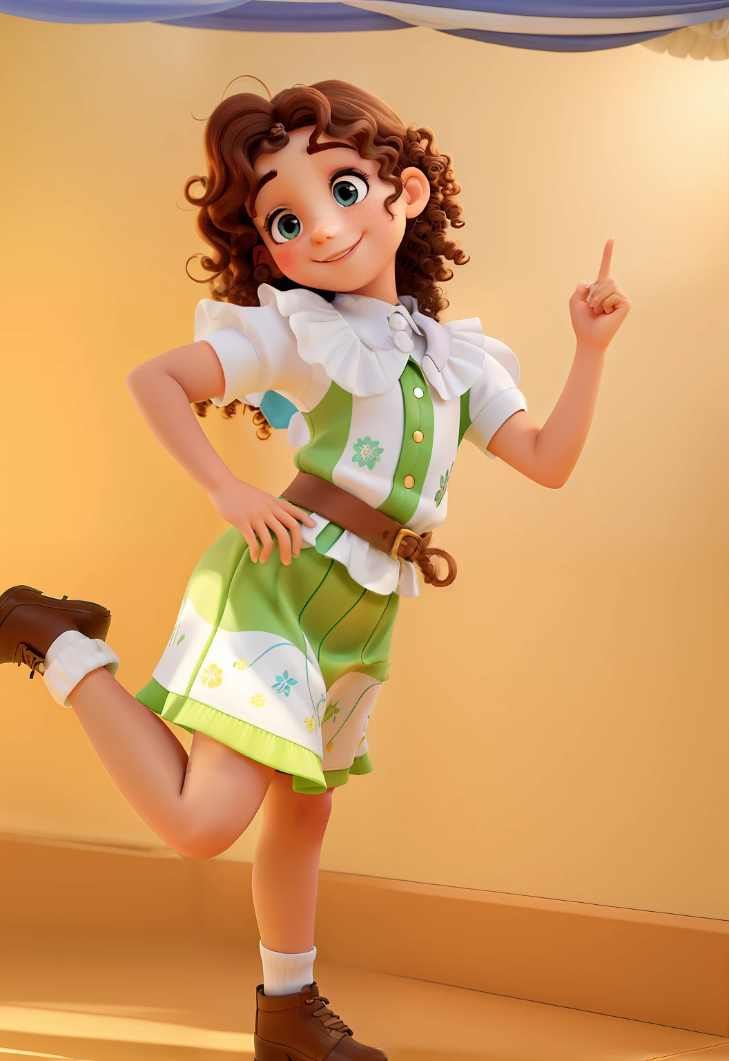 Child posing for photo,retrato,belos olhos detalhados,beautiful detailed lips,rosto sorridente,curly hair,expression joyful,frisky,inocente,vestido branco,fundo do conto de fadas,studio lighting,Cores quentes,luz suave,Pose doce e natural,master part:1.2,ultra-detalhado,fotorrealista,foco nítido,vivid colors, Barely on the waist and another hand showing two little fingers