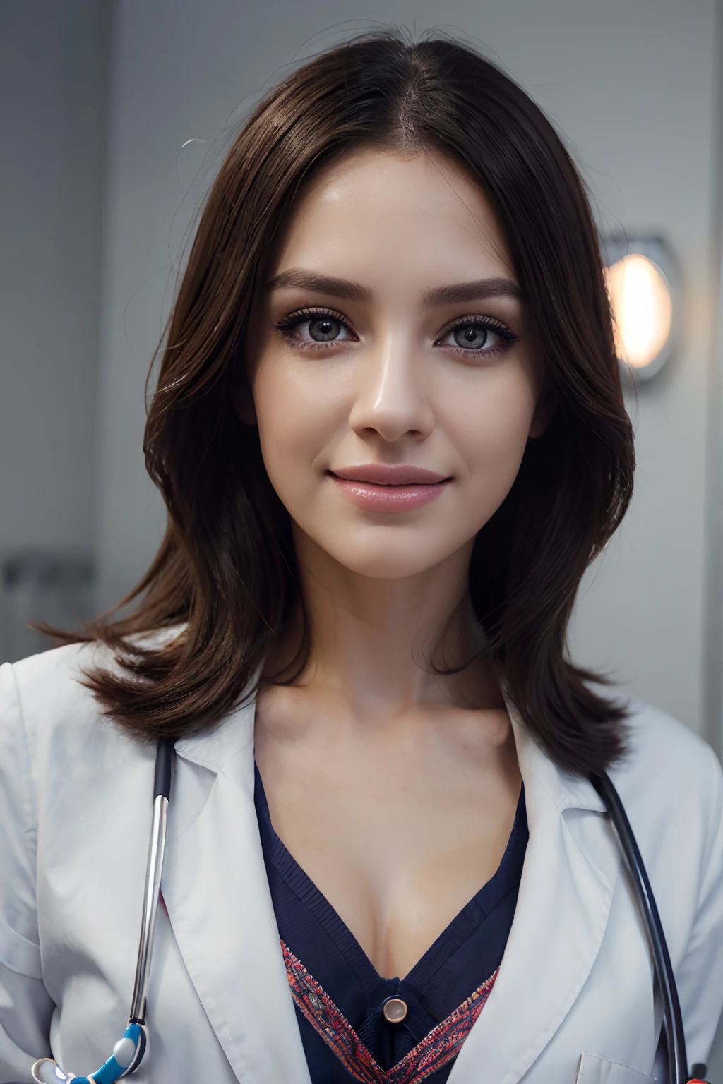beautiful detailed eyes,beautiful detailed lips,extremely detailed eyes and face,longeyelashes,3D rendering,vivid colors,professional,ultra-detailed,realistic,portrait,medical equipment,white coat,friendly smile,stethoscope,hospital backdrop,studio lighting,soft lighting,bokeh, realistic , half body view