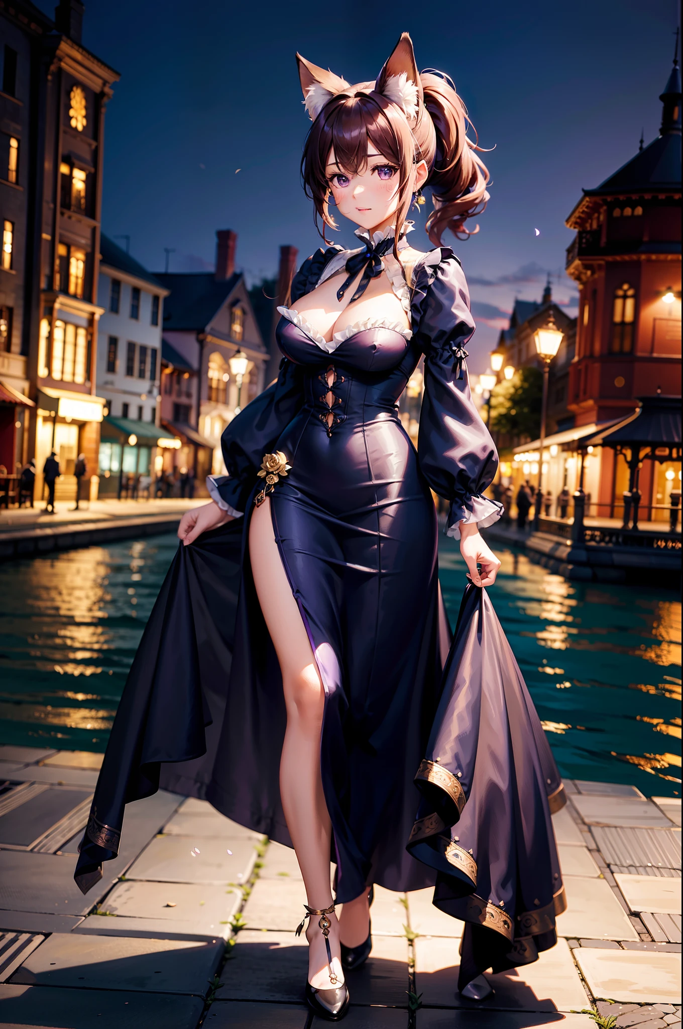 best quality, ultra detailed, full body, depth of field, purple wavy fluttering victorian dress with bronze details, teardrop breasts, long wavy ponytail, late evening, park riverside, animal ears, perfect anatomy,