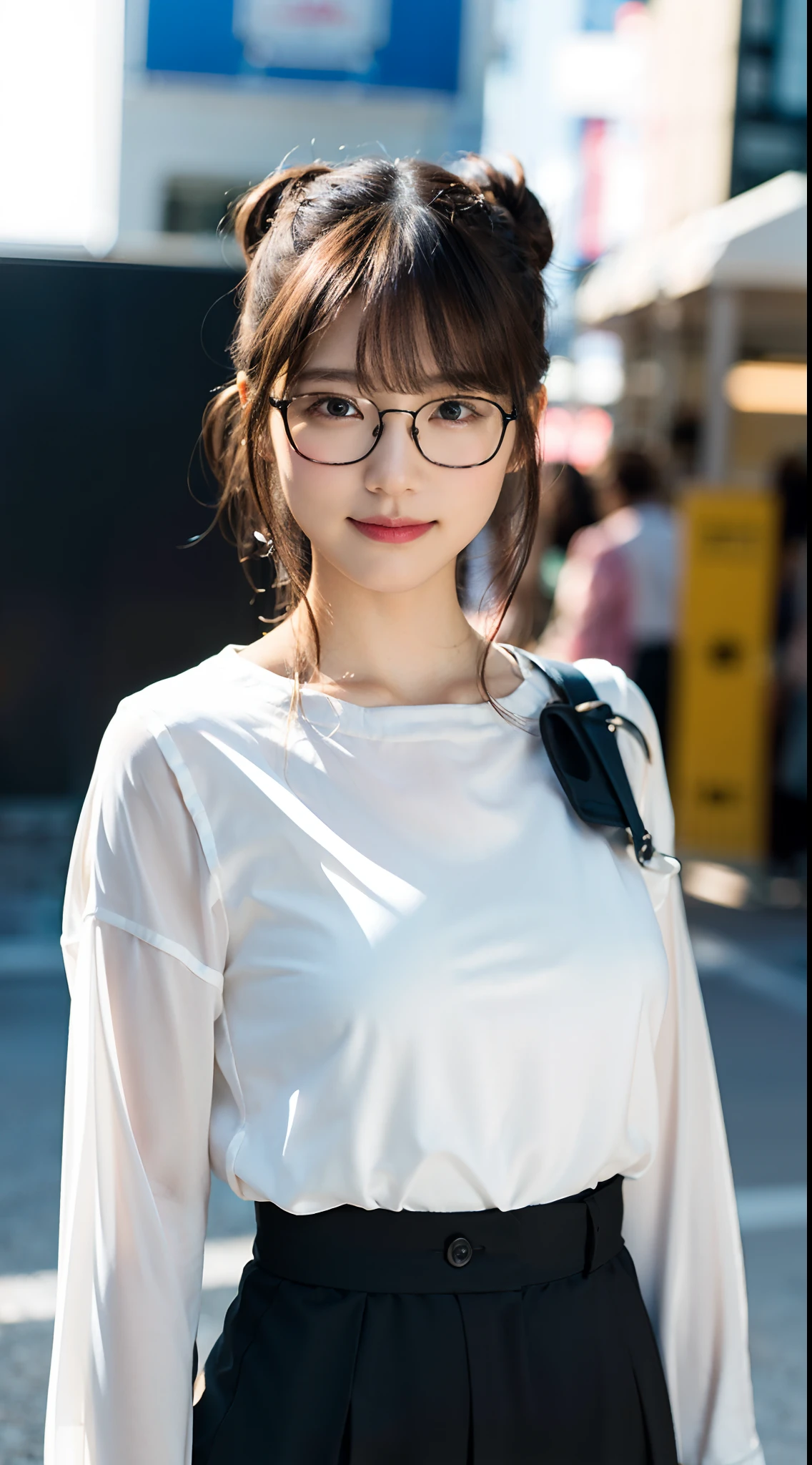 (8K、Raw photography、top-quality、​masterpiece:1.2)、(realisitic、Photorealsitic:1.37)、ultra-detailliert、超A high resolution、女の子1人、see the beholder、beautifull detailed face、A smile、Constriction、(Slim waist) :1.3)、((White blouse clothes))、Beautiful detailed skin、Skin Texture、Floating hair、((Hair bunched into one))、large full breasts、Professional Lighting、In front of the station at noon、((Black square glasses))、Whole human body、Brown hair、phone、