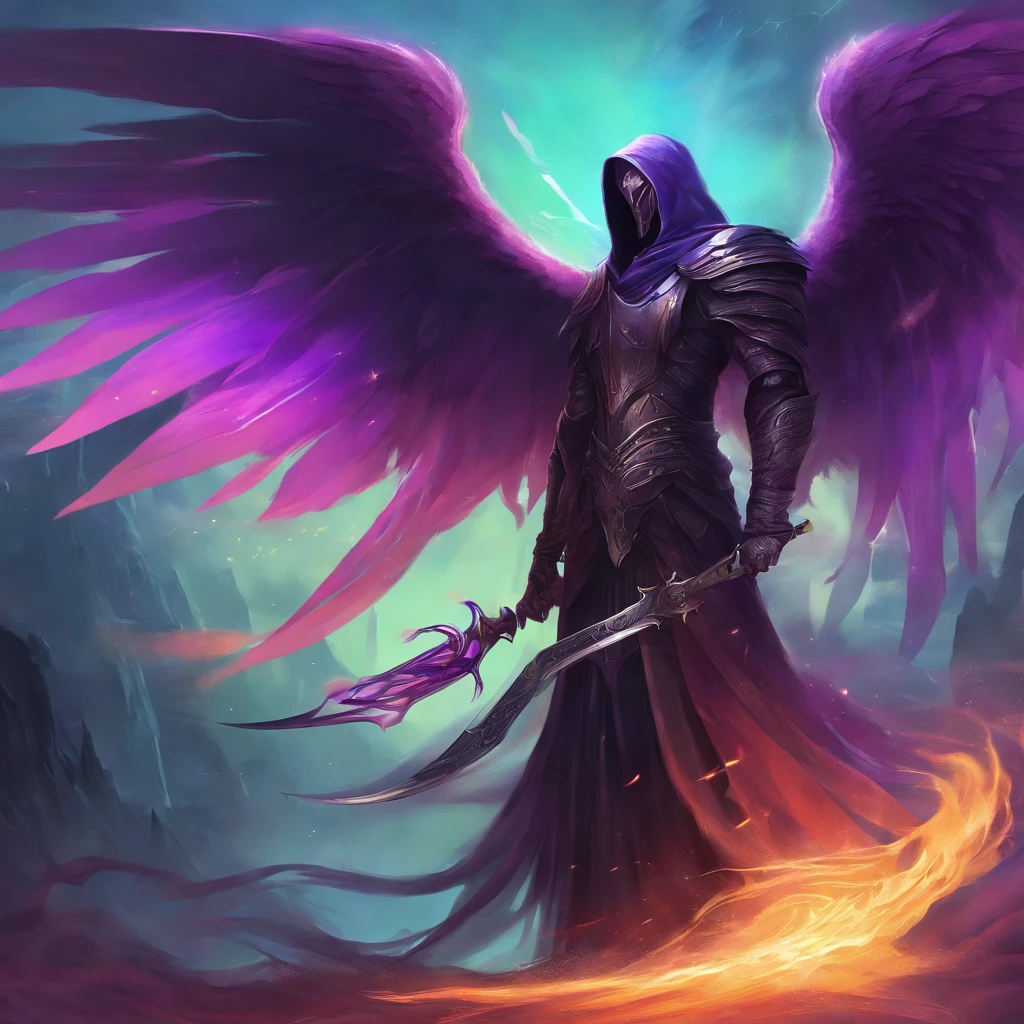 a phonk cover with a gliched dark angel of death with his scythe with puple as pricipal color