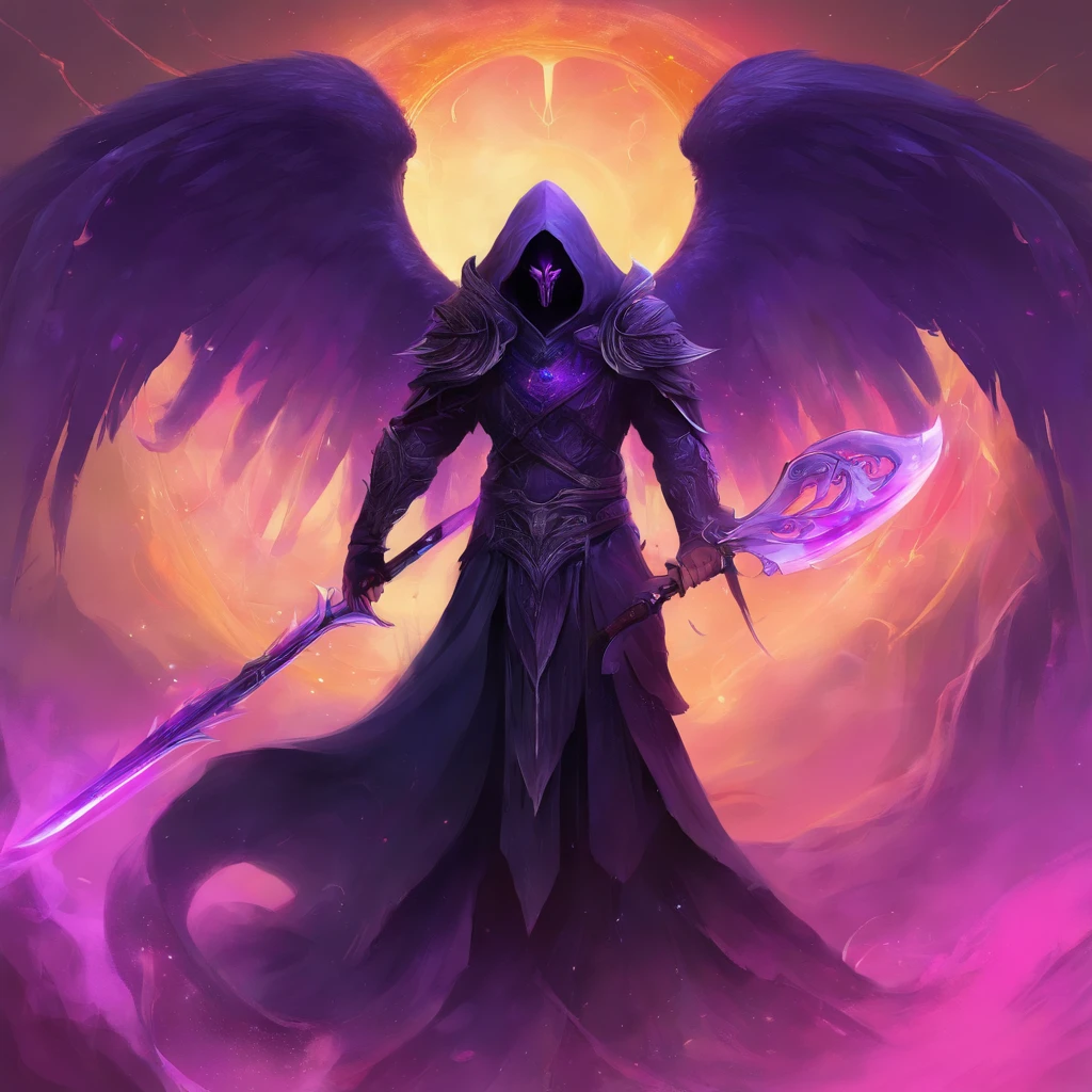 a phonk cover with a gliched dark angel of death with his scythe with puple as pricipal color