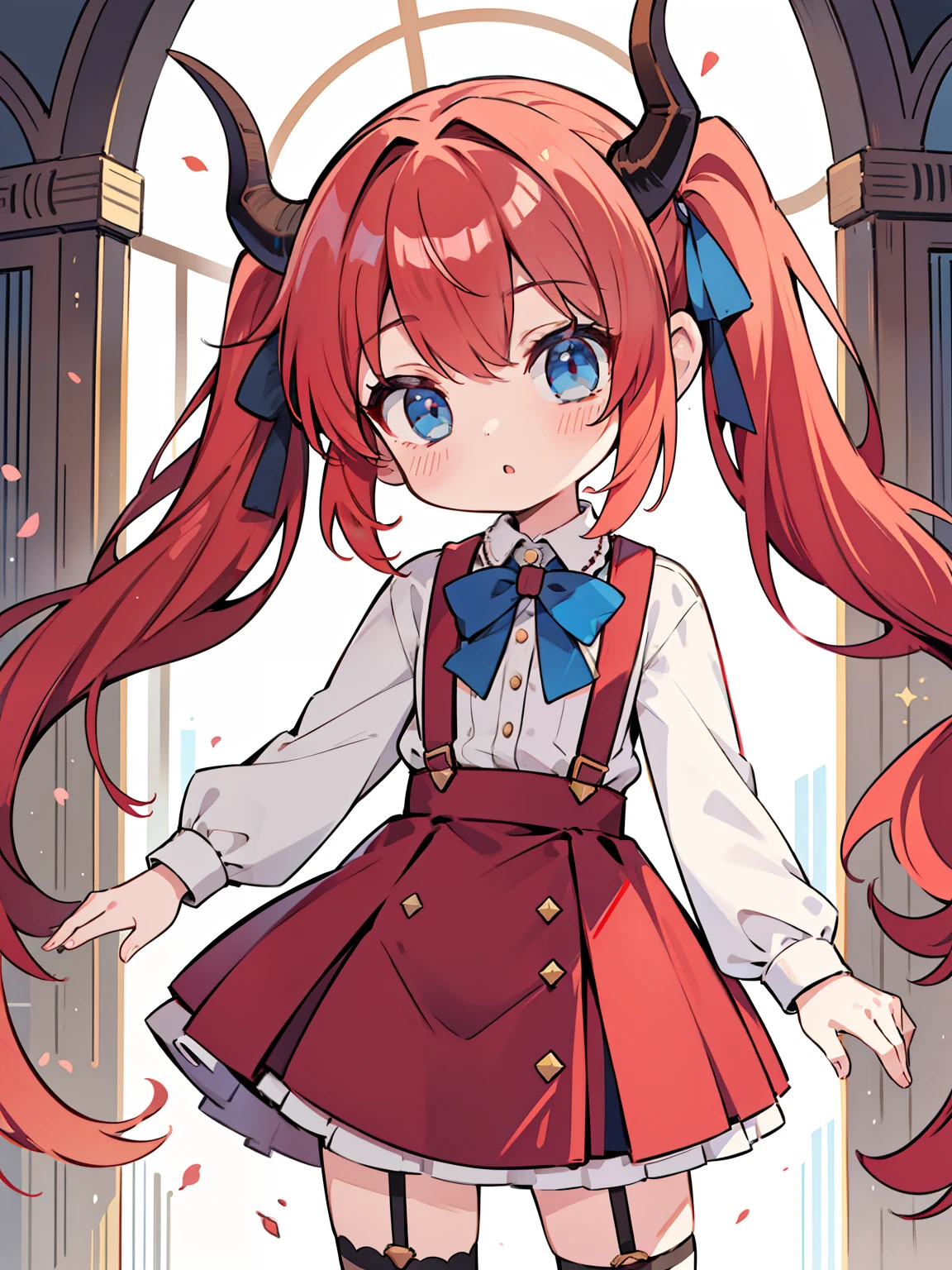 {{best quality}}, {{masterpiece}}, {{ultra-detailed}}, {illustration}, {detailed light}, red hair,blue eyes,twintails,lolita,Suspenders skirt,Fantastic,loli,solo,Dragon horns,little girl,long hair