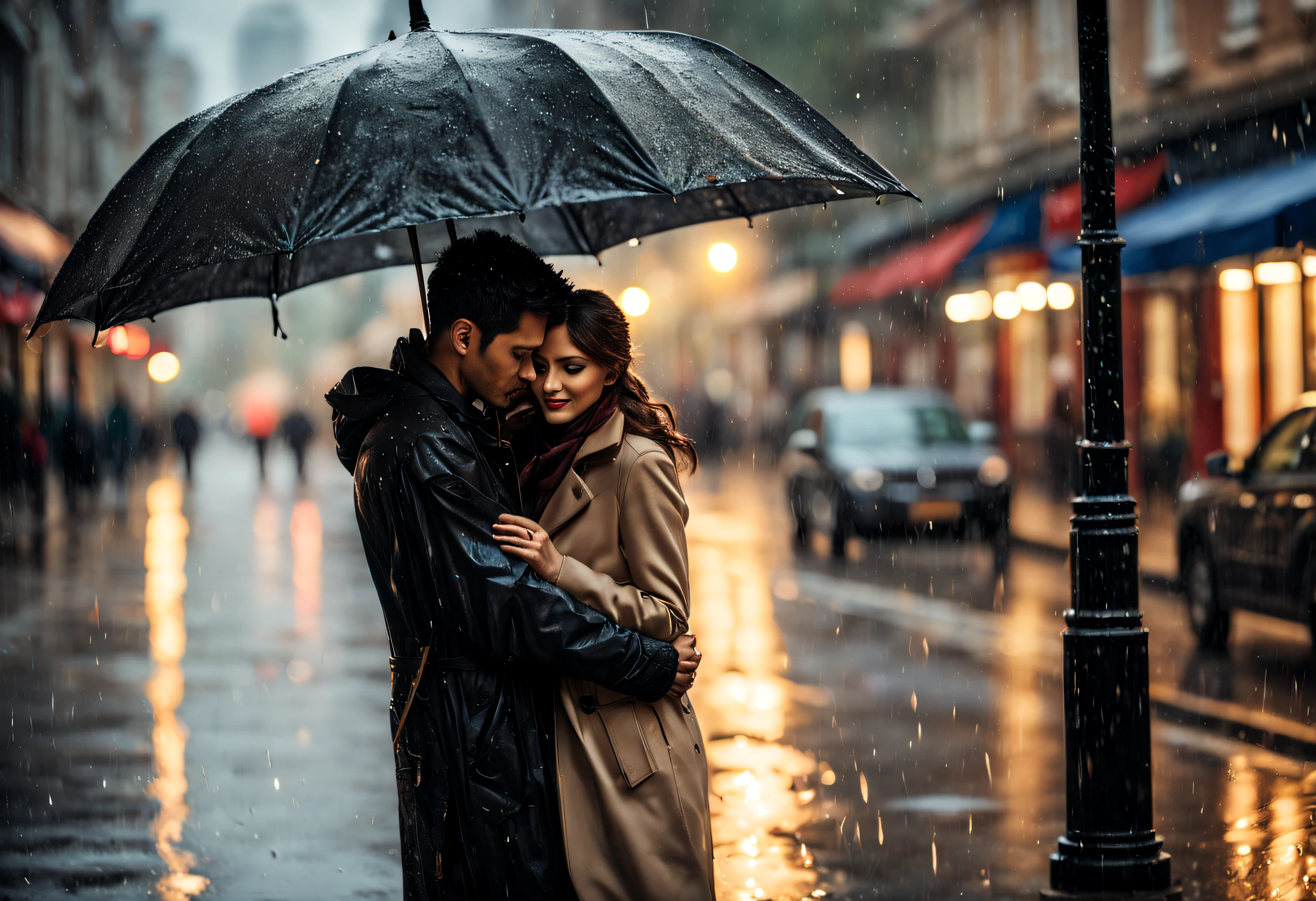 (best quality,4k,8k,highres,masterpiece:1.2),ultra-detailed,(realistic,photorealistic,photo-realistic:1.37),professional close-up photography,man and woman sheltering under an umbrella,night rain,romantic atmosphere,gentle lighting,expressive eyes,dramatic composition,detail-oriented,water droplets on the umbrella,splashes of rain on the ground,soft glow of streetlights,reflection in the wet pavement,intimate moment,subtle emotions,fine textures of clothing,subdued color palette,bokeh effect,precise focus,film-like grain,artistic depth of field,fine art photography,urban setting,cozy warmth,protective shelter,connection in adversity,trust in each other,quiet serenity,umbrella as a symbol of unity,capturing fleeting moments,protection from the elements,mysterious atmosphere,moment frozen in time,passion in the rain,romantic escapade,shared intimacy,embracing vulnerability,happiness in the rain.