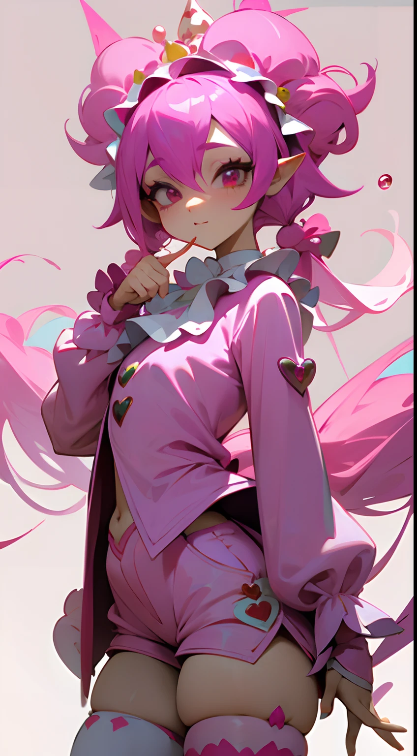 1GIRL, insane girl in long pink hair, crown, princess bubblegum style, finely detailed, (best quality), (intricate details), cute style, loli, jester style, multicolored, ((long pink messiest hair in pigtails)), best quality, ((long sleeve shirt and shorts)), ((red and white clothes)), ((jester style clothes)), ((thigh high socks)), ((round eyes)), ((has jester makeup)), beautiful face, happy, cute face, pinup, perfect face, simple background portrait, clowh hear cards, bubble gums