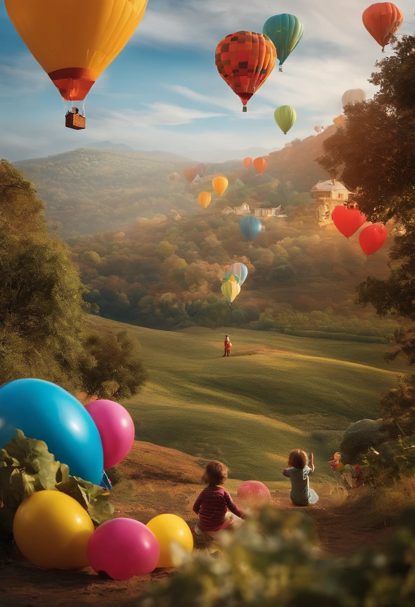 Create a landscape where there are several children playing in the world of imagination with balloons and toys