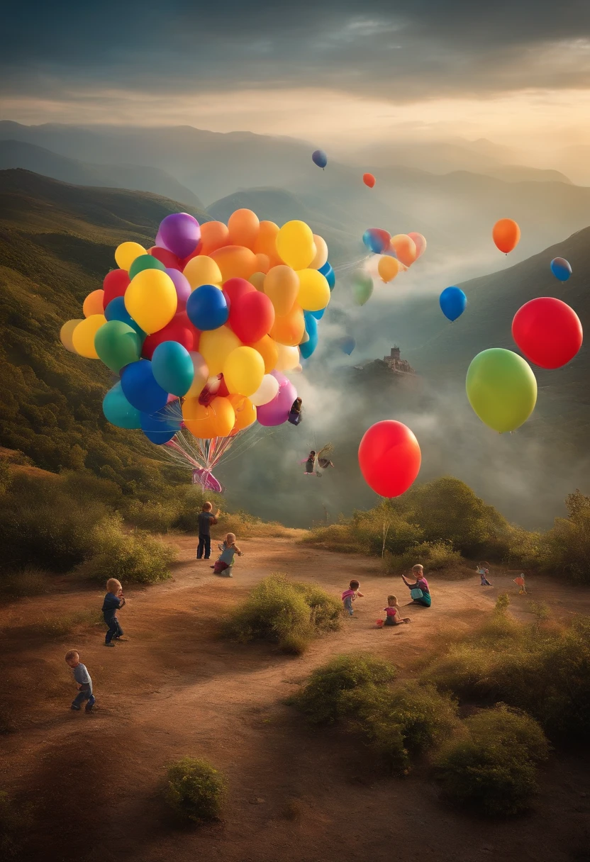 Create a landscape where there are several children playing in the world of imagination with balloons and toys