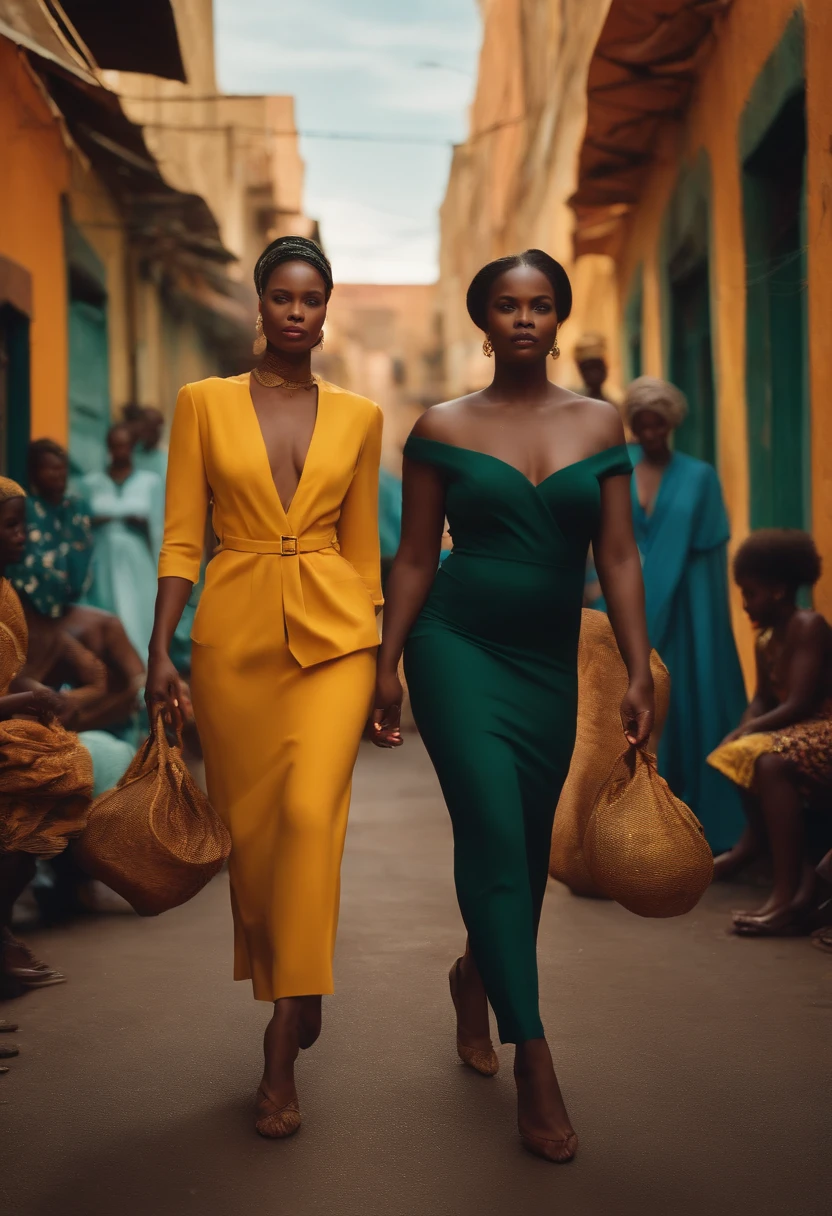 Black models strutting on a runway amidst an African market, images sharp, professionally photographed, and meticulously Photoshopped, blending luxury and poverty. Inspired by Annie Leibovitz's photography. The setting showcases vibrant colors, with a warm color temperature, and models exhibit confidence and grace under soft, golden-hour lighting, creating an alluring, dreamy atmosphere. --v 5 --stylize 1000