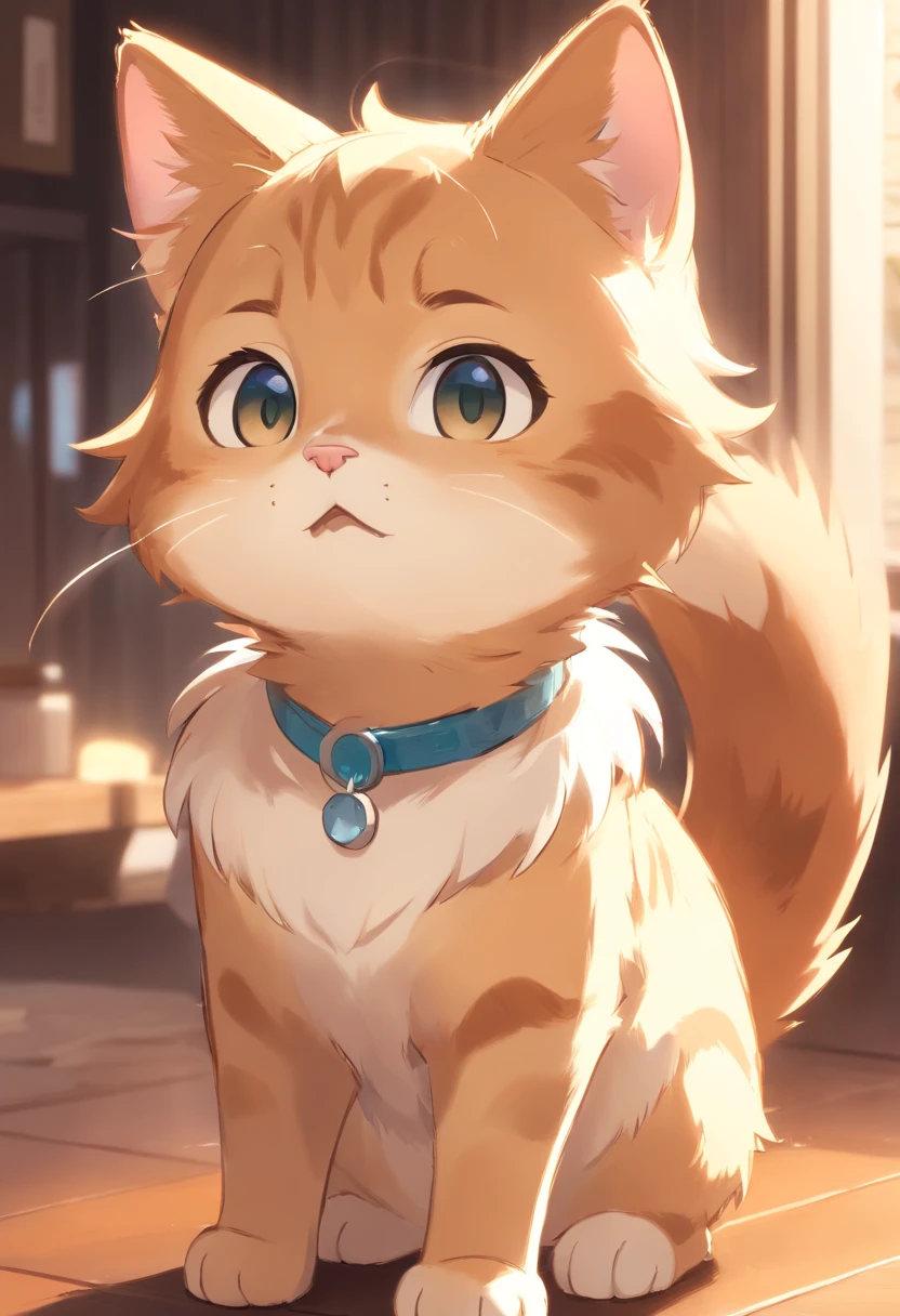 2D chibi character of light brown european cat shaking white breasts,Curious look,Tilt your neck at a 45-degree angle