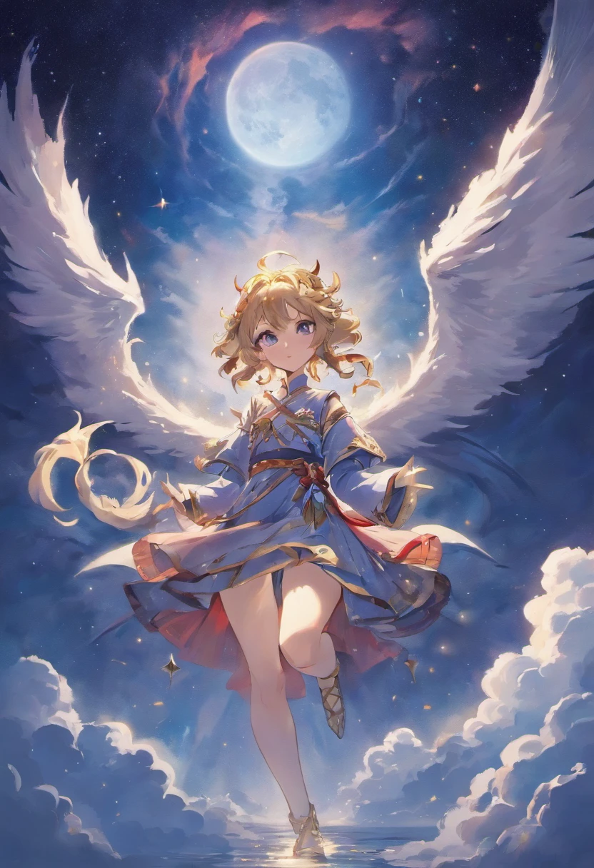 (Ying Dragon God), (Through the Clouds), (Top of the Mountains), (Complex), (Super Detail), (Starry Sky Background), (Stout Limbs), (Moon Night), (Ultra Clear), (Best Quality)