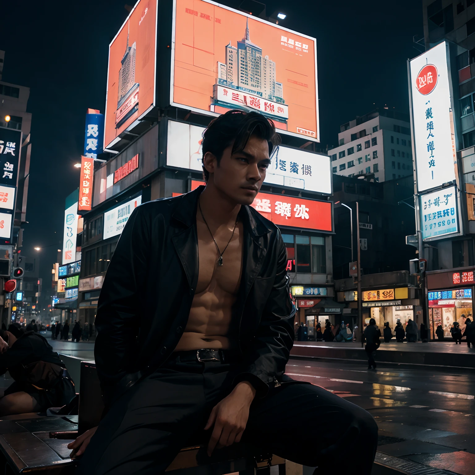 Night scene in which a men is sitting on the top of building and in front of him their is large number of buildings and neon lights and many advertisment boards written in Chinese