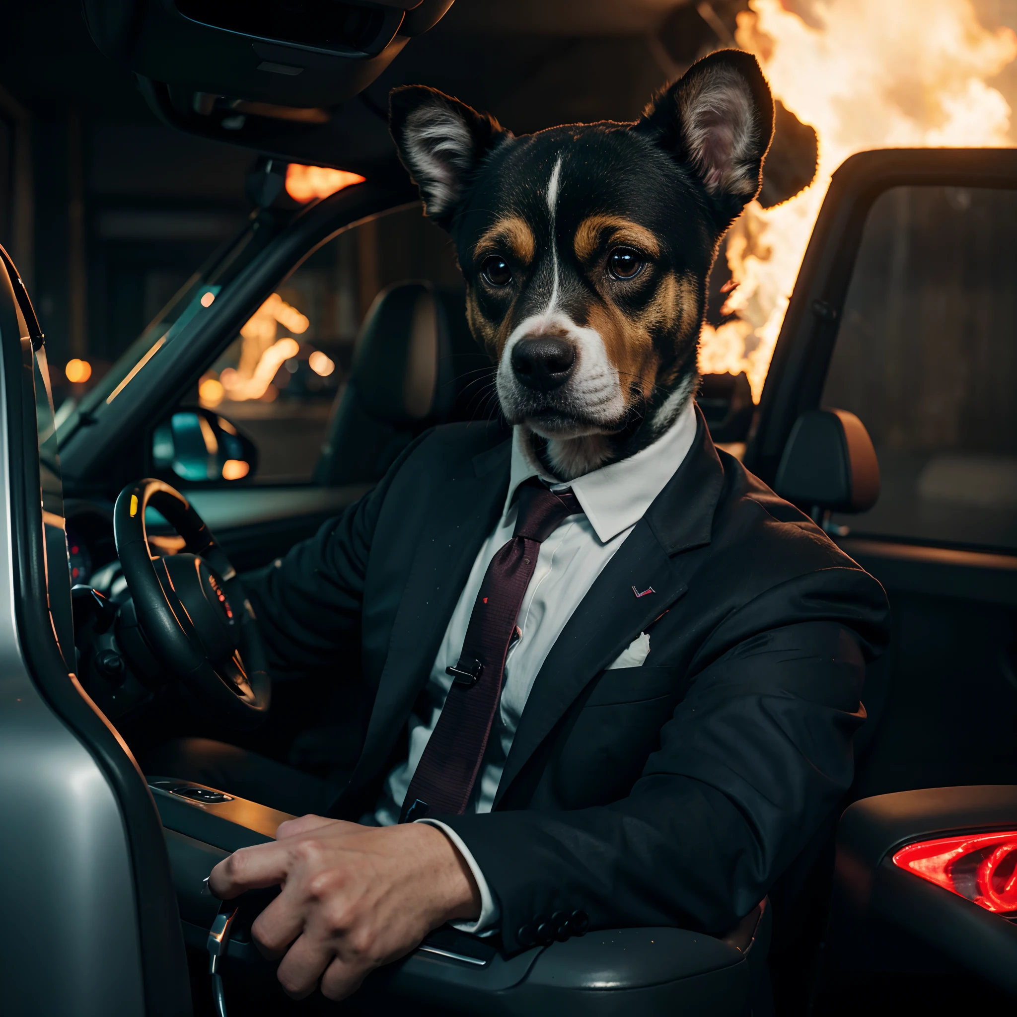 A dog, wearing a suit, looks really cute, has a scar, hands on steering wheel, looks professional, neon lights, fire outside, destruction outside, high quality, high detail, 8k