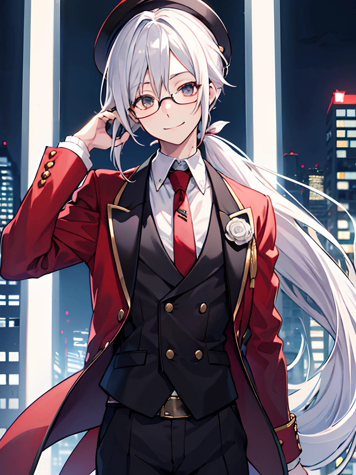 (masutepiece)(high-detail)male in his 20s、white hair、poneyTail、tailcoat、neck tie、He wears round glasses with no rims、Hold your hat、Downtown at night、Smiling expression