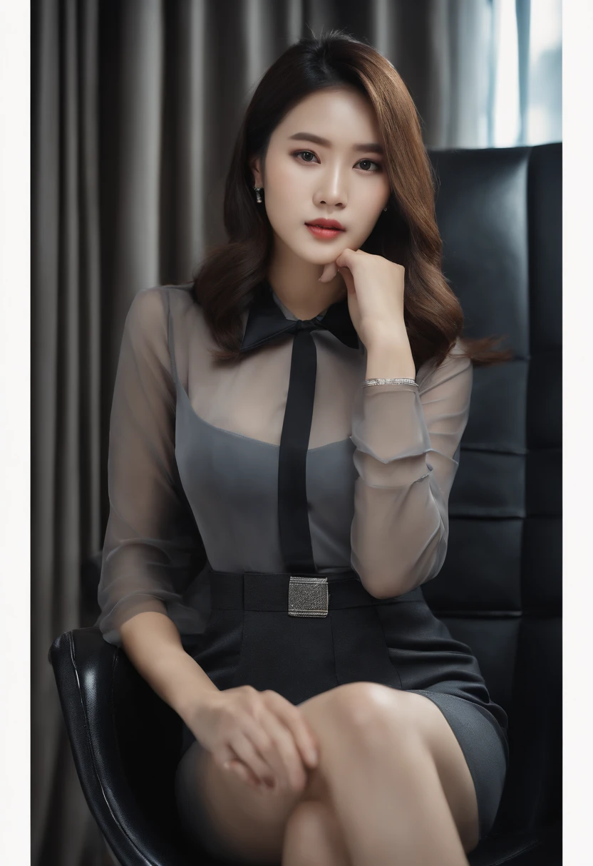 Sitting on chair in black dress, Korean female fashion model, transparent gray skirt, mesh shirt, chrome clothes, shiny silver, lucky I look, big breasts, best quality, masterpiece, super high resolution, realistic,