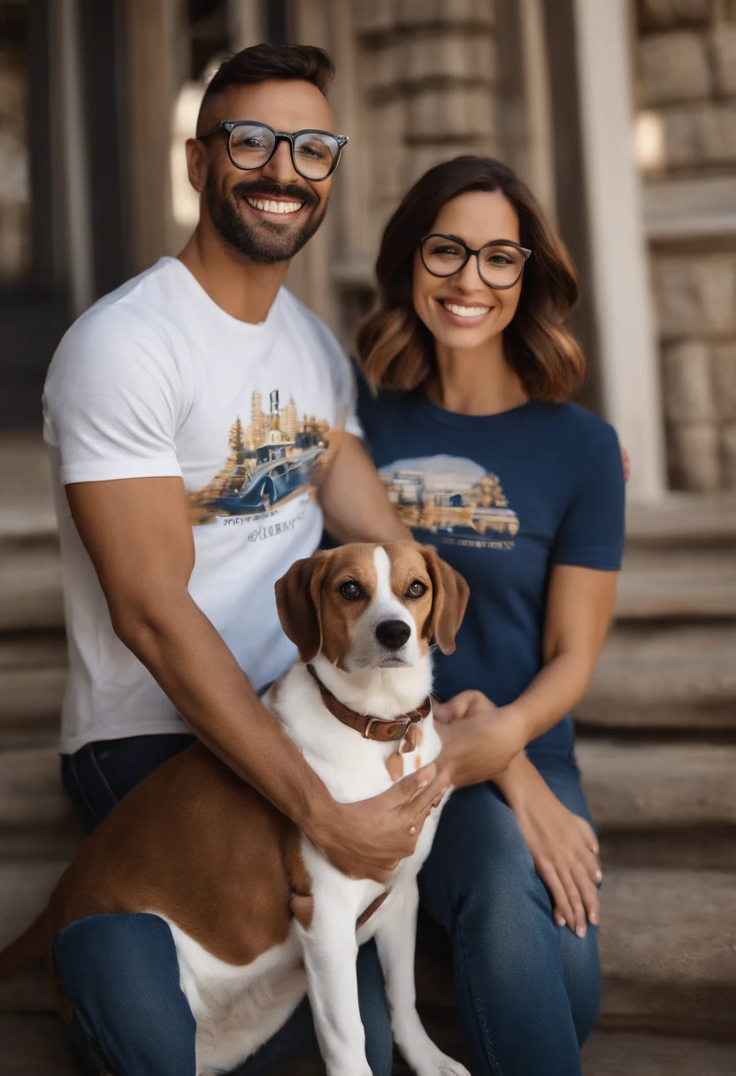 Pixar. Casal com um filhote de cachorro beagle marrom. A menina tem os cabelos loiros amarrados, Camiseta cinza e jeans claro, white glasses. O menino de cabelos pretos com cabelos grisalhos, barba pequena, oculos, Dark blue jeans and gray t-shirt. They are both smiling and are 40 years old