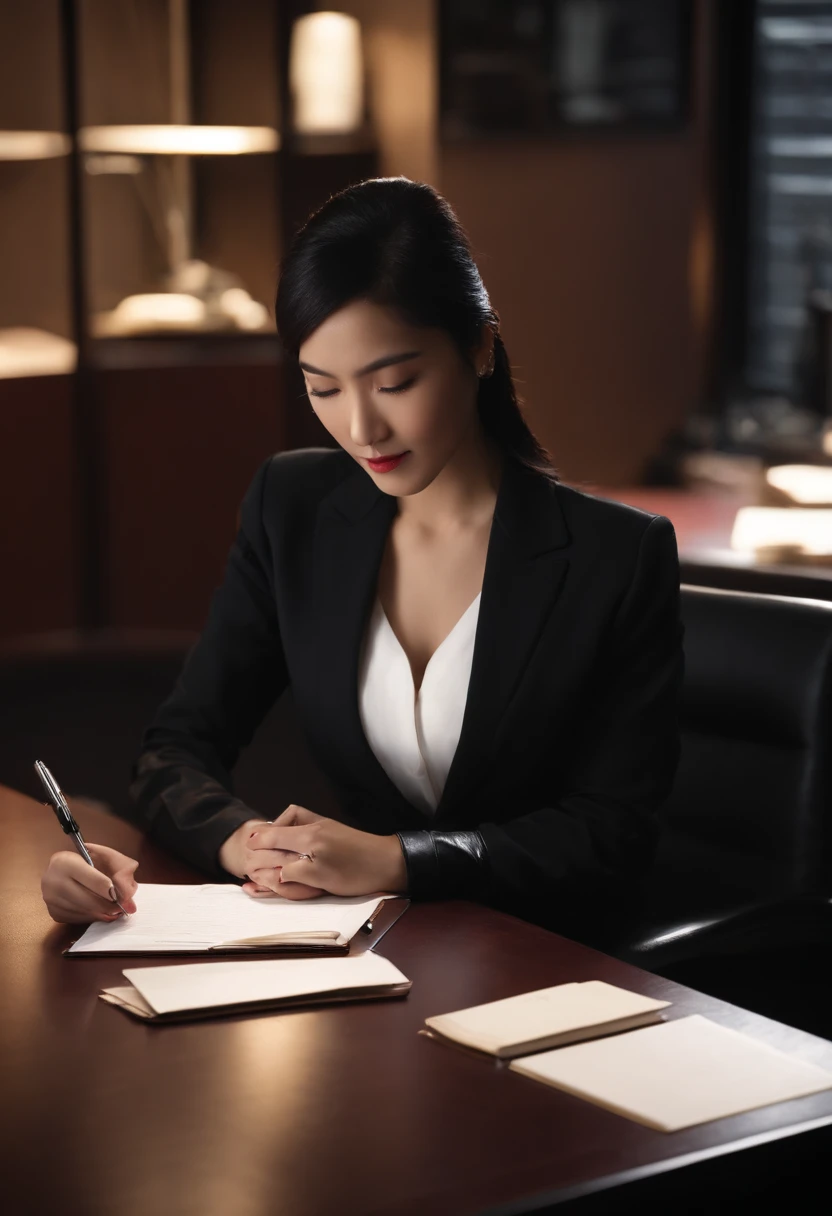 Wear black leather gloves on both hands, Upper body, In black suit, Desk facing modern study in the dark, Looking down, Smiling, Write a letter with a pen, Long, Straight black hair, Japanese female new employee with young cute face (Black leather gloves cover hands)