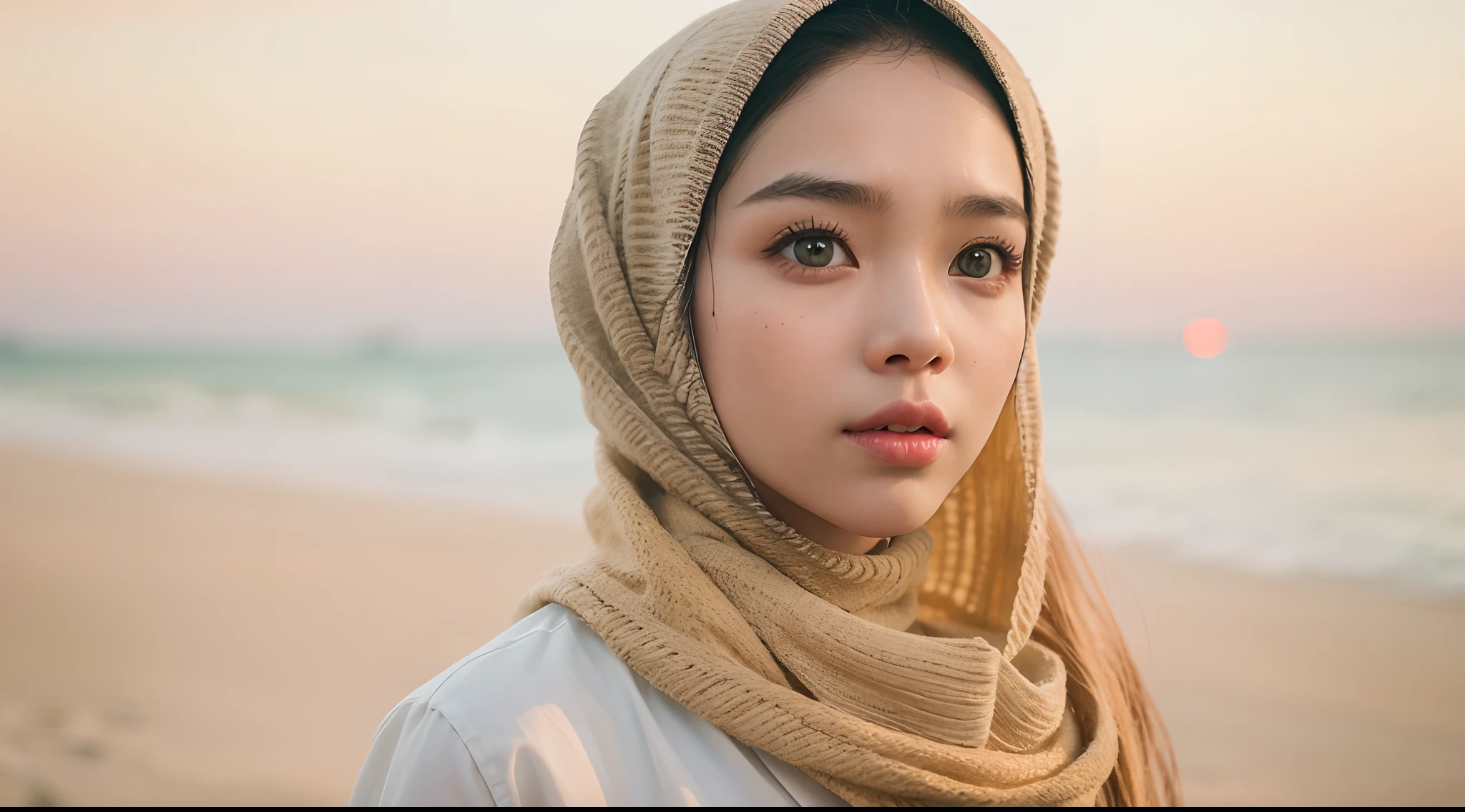 Create a cinematic film still of a Malay girl (nora danish) in hijab standing on a picturesque beach during sunset. Use a warm color palette and a medium telephoto lens to capture the serene beauty of the moment, style raw, pastel color grading, Super 8mm lense, Extreme close-up, Deep Focus cinematography effect,high quality,