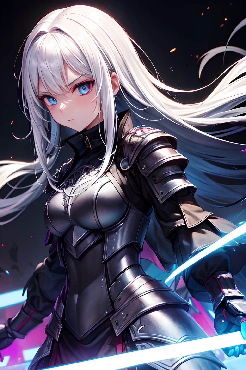 Women, Gesicht, White hair, Black Dragon Armor, Maske, Rote Augen, High Quality, super detailliert, Super Heilige Armor, Vorderseite, Helles Bild, Vorderseite, 4 Drachenflügel, mehr vorne, Black Armor, Roter-Kupfer Verzierung, Cyberpunk, Neon, Metallisch, Whole body view