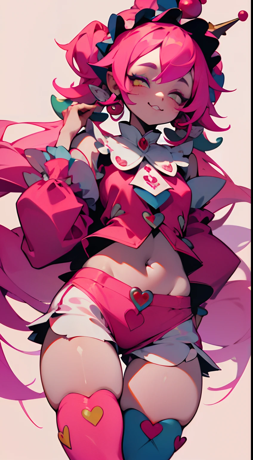 1GIRL, insane girl in long pink hair, crown, princess bubblegum style, finely detailed, (best quality), (intricate details), cute style, li, jester style, multicolored, ((long pink messiest hair in pigtails)), best quality, ((long sleeve shirt and shorts)), ((red and white clothes)), ((jester style clothes)), ((thigh high socks)), ((round eyes)), ((has jester makeup)), beautiful face, happy, cute face, pinup, perfect face, simple background portrait, clowh hear cards, bubble gums