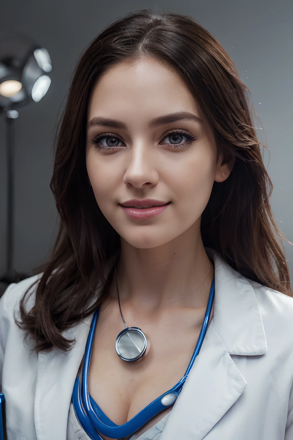beautiful detailed eyes,beautiful detailed lips,extremely detailed eyes and face,longeyelashes,3D rendering,vivid colors,professional,ultra-detailed,realistic,portrait,medical equipment,white coat,friendly smile,stethoscope,hospital backdrop,studio lighting,soft lighting,bokeh, realistic, half body view, viewing the viewer, very realistic