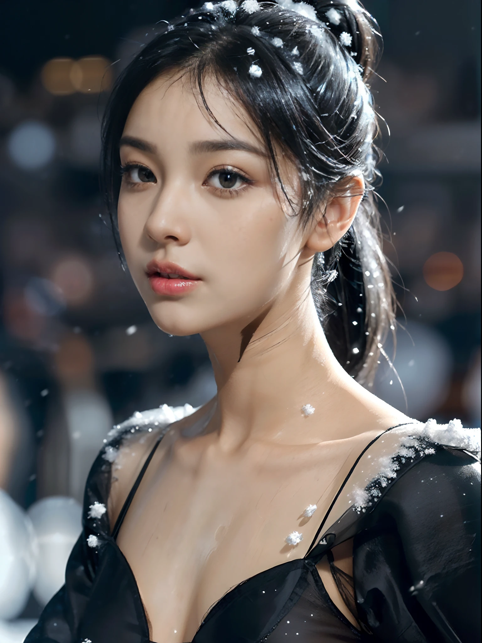 (shoulder length straight short black hair:1.2),((((8k))),(Extremely meticulous CG) ,(wallpaper),16k,(Extremely refined and beautiful），（Masterpiece），（best qualtiy：1.0），（Ultra High Resolution：1.0），beautiful light up，Perfect lightning，realistic shaded，[A high resolution],(Smooth and flawless fair skin:1.5),Extremely exquisite facial details,(perfect body：1.1),ultra - detailed,A beautiful girl,small head,(very short ponytail:1.2),(Small breasts:1.1),Flat chests，slim，thin，Smile，cheerfulness,(long black puffer coat:1.5),(see through black full body pantyhose:1.3),(nightfall:1.5),Sunset light,(Surrounded by a crowded crowd:1.5),At the school gate,(close-up of face:1.5),from side,(snowing:1.2),Cleavage,clavicle,shoulder off
