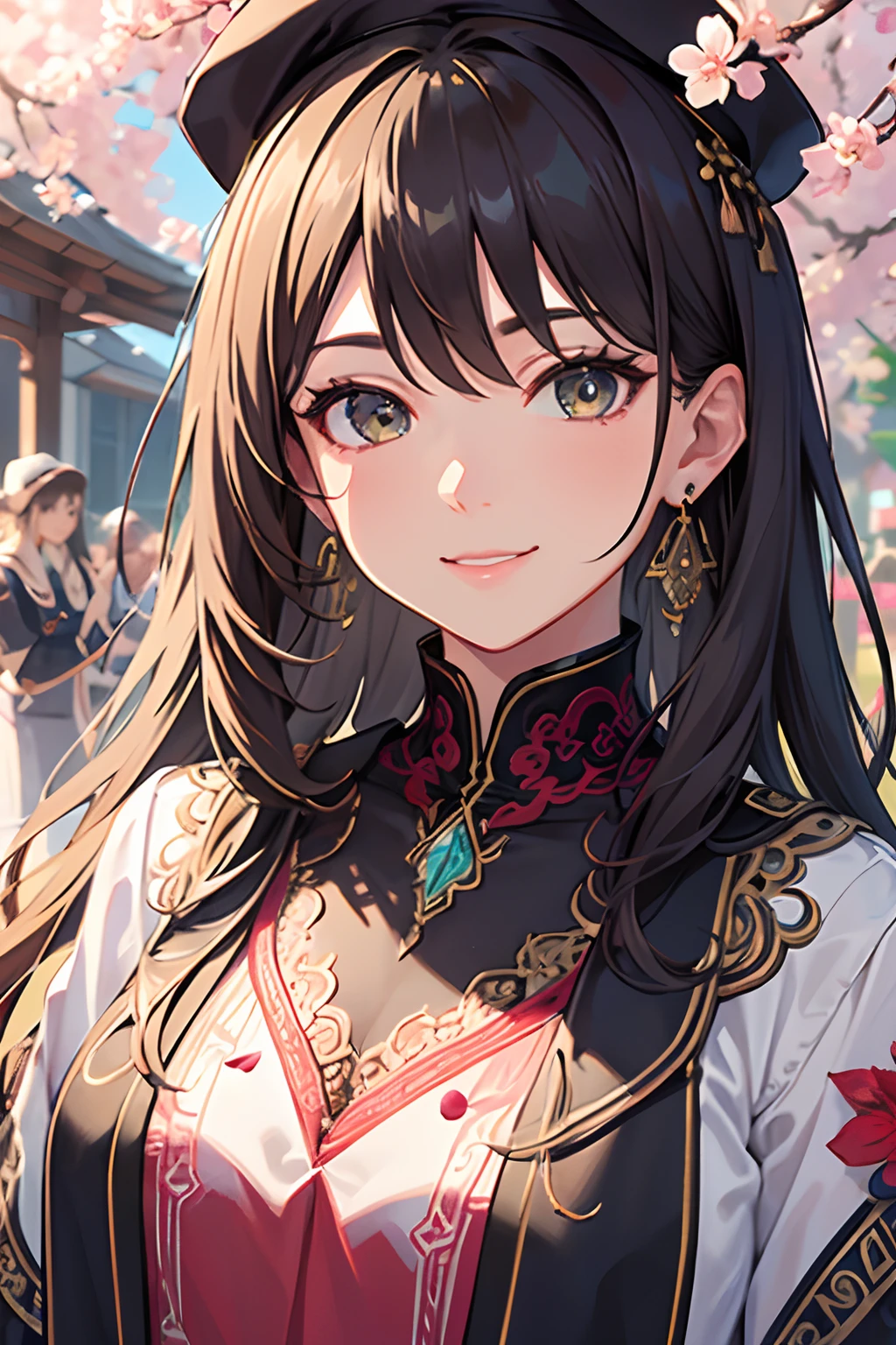 Academic dress, Academic robes, Mortar board, Square cap, University campuses, Buildings, Cherry blossoms, Smiling, 2girls, detailed uniform, view the viewer, (SIGMA 85mm f1.4), Depth of field, Bokeh,  Detailed realistic background, diffused natural sunlight, diffused natural skin glow, Face focus, Extremely detailed, (abstract backgrounds, zentangle, Fractal art:1.3), (many color, Colorful:1.1), (feater, petals, Flowers:1.3), Earrings