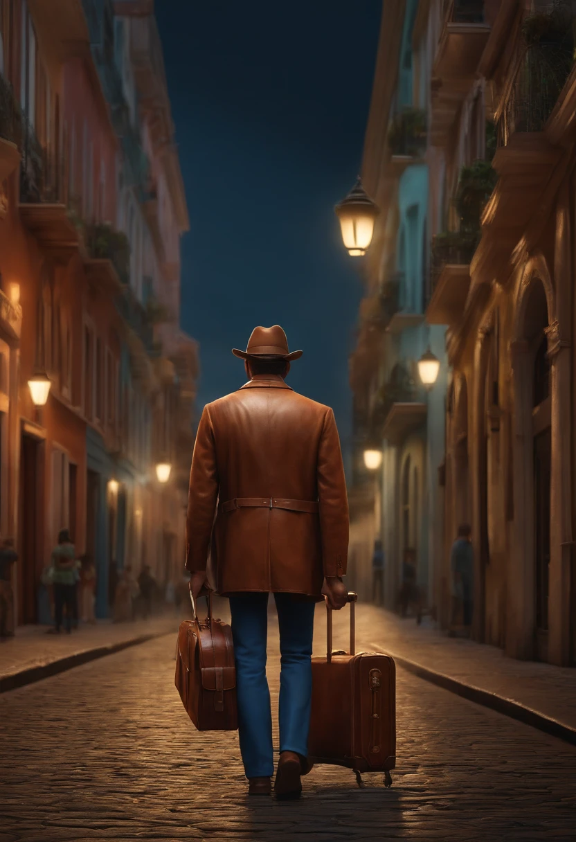 Desenho estilo 3D Pixar de uma loja de moveis de um lado da rua e do outro lado da rua uma loja de roupas, In Paraná, Brazil, In the center of the street a Lebanese man with a heavy leather suitcase in his hand and a dream.