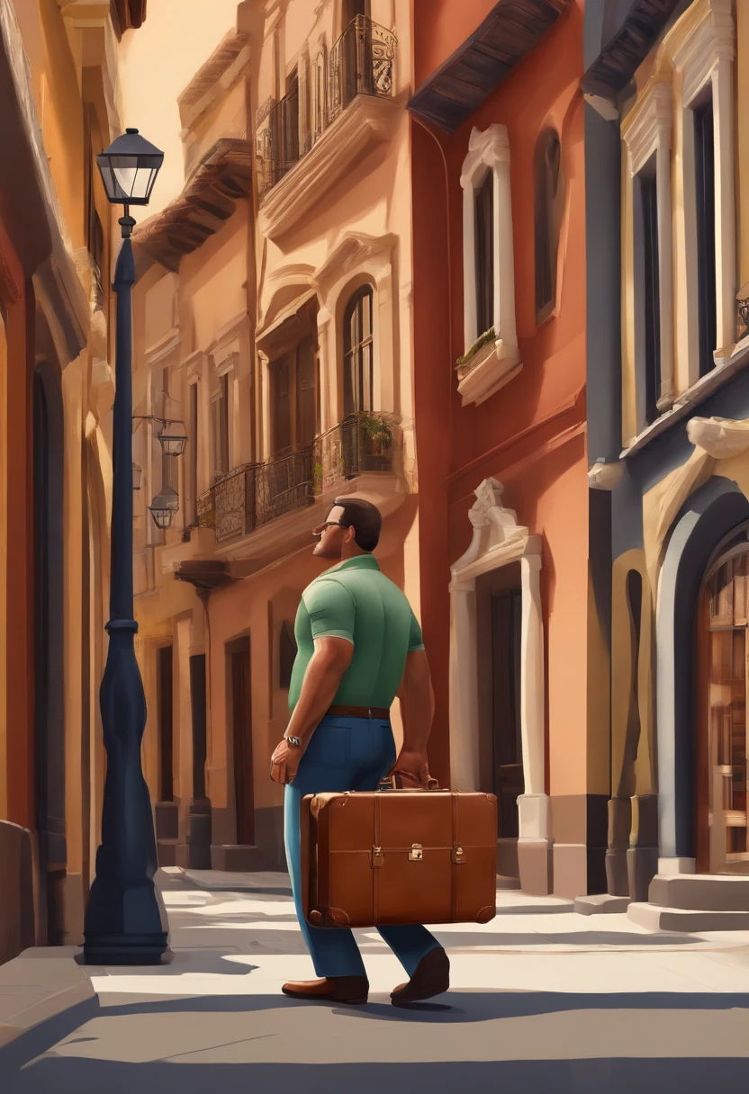 Desenho estilo 3D Pixar de uma loja de moveis de um lado da rua e do outro lado da rua uma loja de roupas, In Paraná, Brazil, In the center of the street a Lebanese man with a heavy leather suitcase in his hand and a dream.