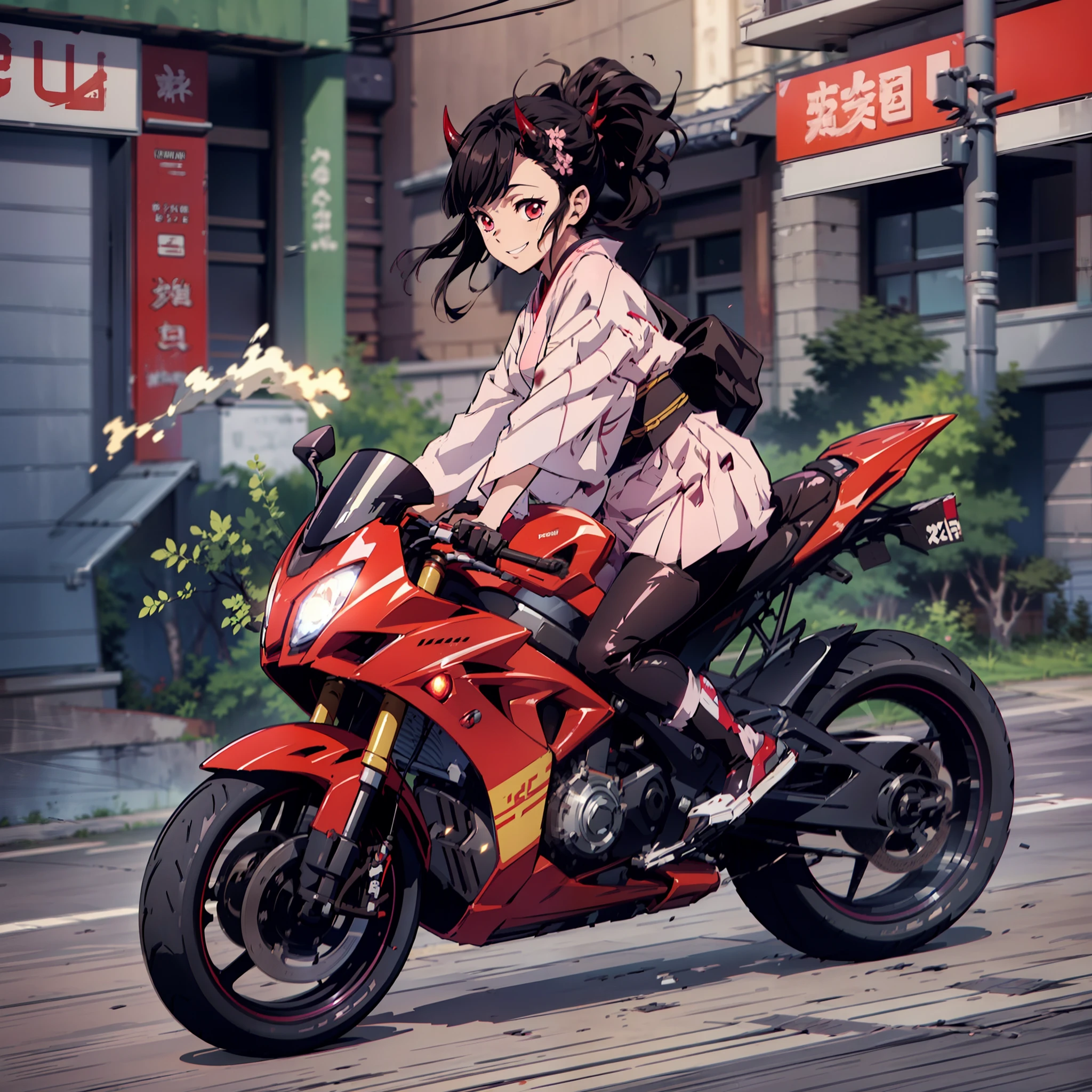 (masterpiece, best quality:1.2), kimetsu no yaiba style, kamado nezuko, (1girl, solo), 20years old, full body, (black and pink kimono), black leather boots, (red demon horns, red eyes), evil smile, BREAK (driving motorcycle on the city with high speed, keep wheelie, yhmotorbike), (slow motion:1.3), (Motion blur:1.3), (speed lines:1.4), sense of speed, sparks and smoke coming out of tires