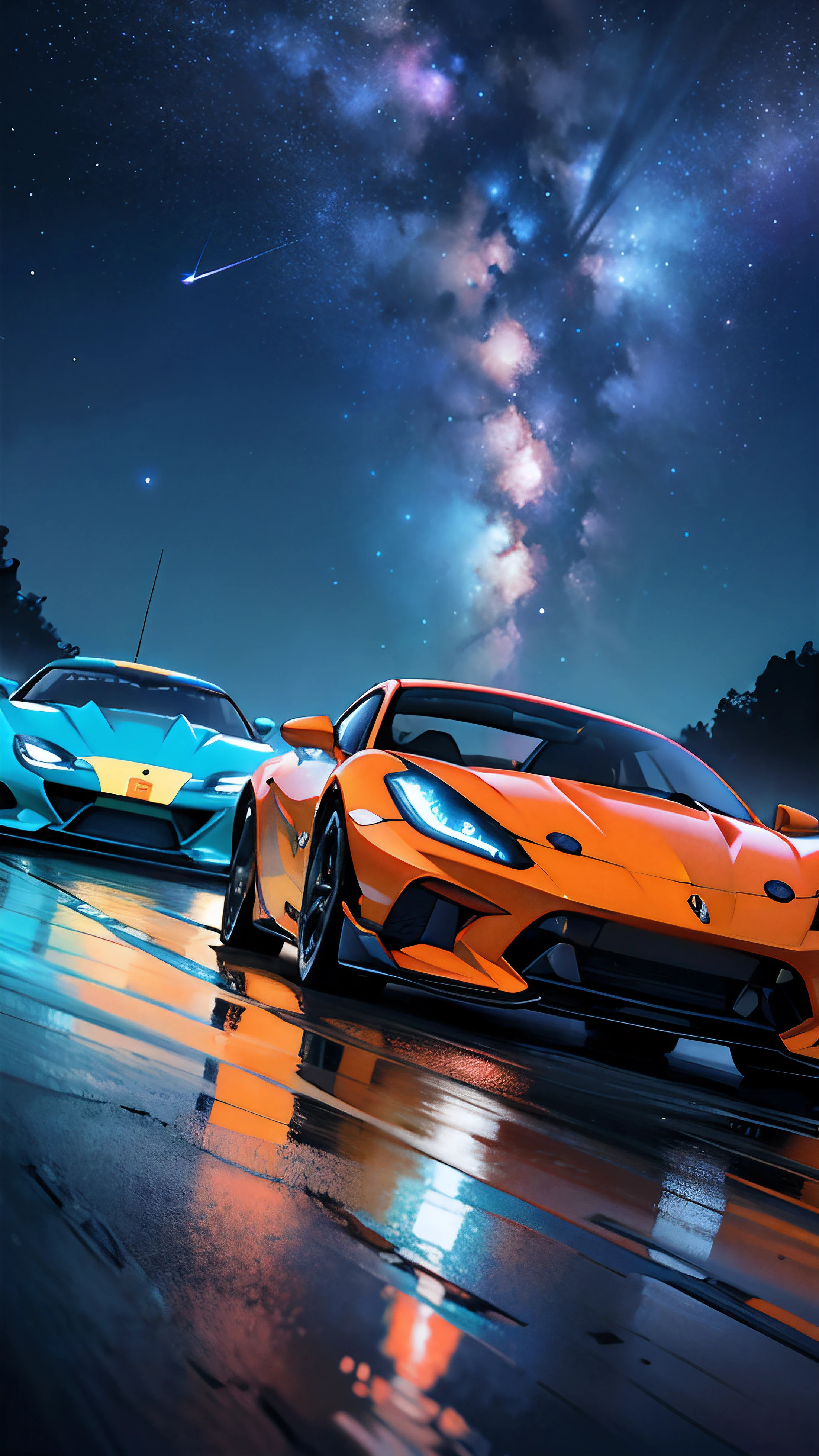 (masterpiece, best quality), high resolution, (8k resolution), (ultra detailed), The picture shows a car trail suspended in the starry sky, Two racing cars racing towards the camera, Super sports car, Plasma engine, Colorful planets and nebulae in the background, hyperrealistic, more details, low saturation, realism, Phototexture