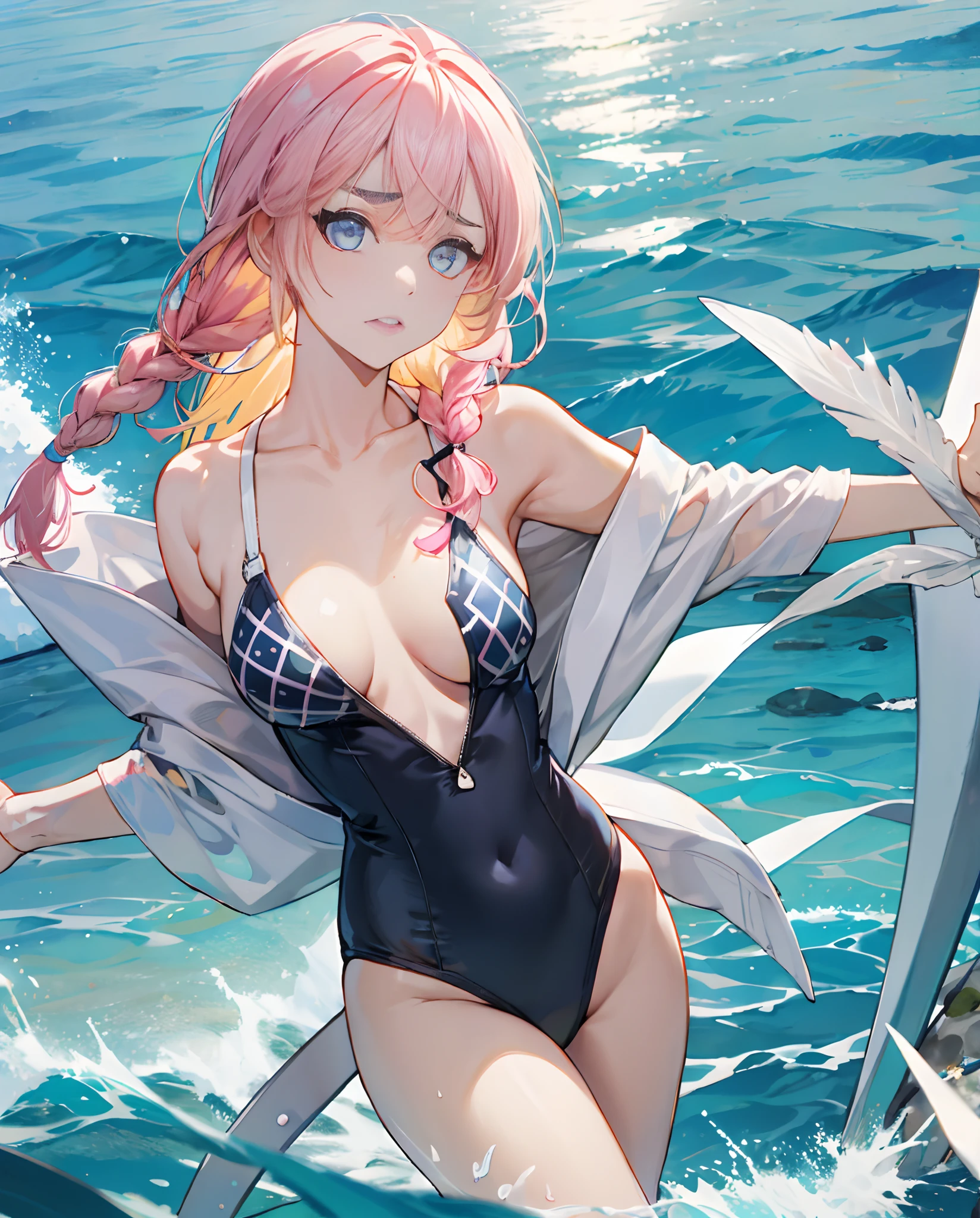girl with、Pink braid、Yellow bangs side、Light blue eyes、long lashes、Troubled eyebrows、Naughty face、Black swimsuit、Swimsuit with geometric pattern、sea side
